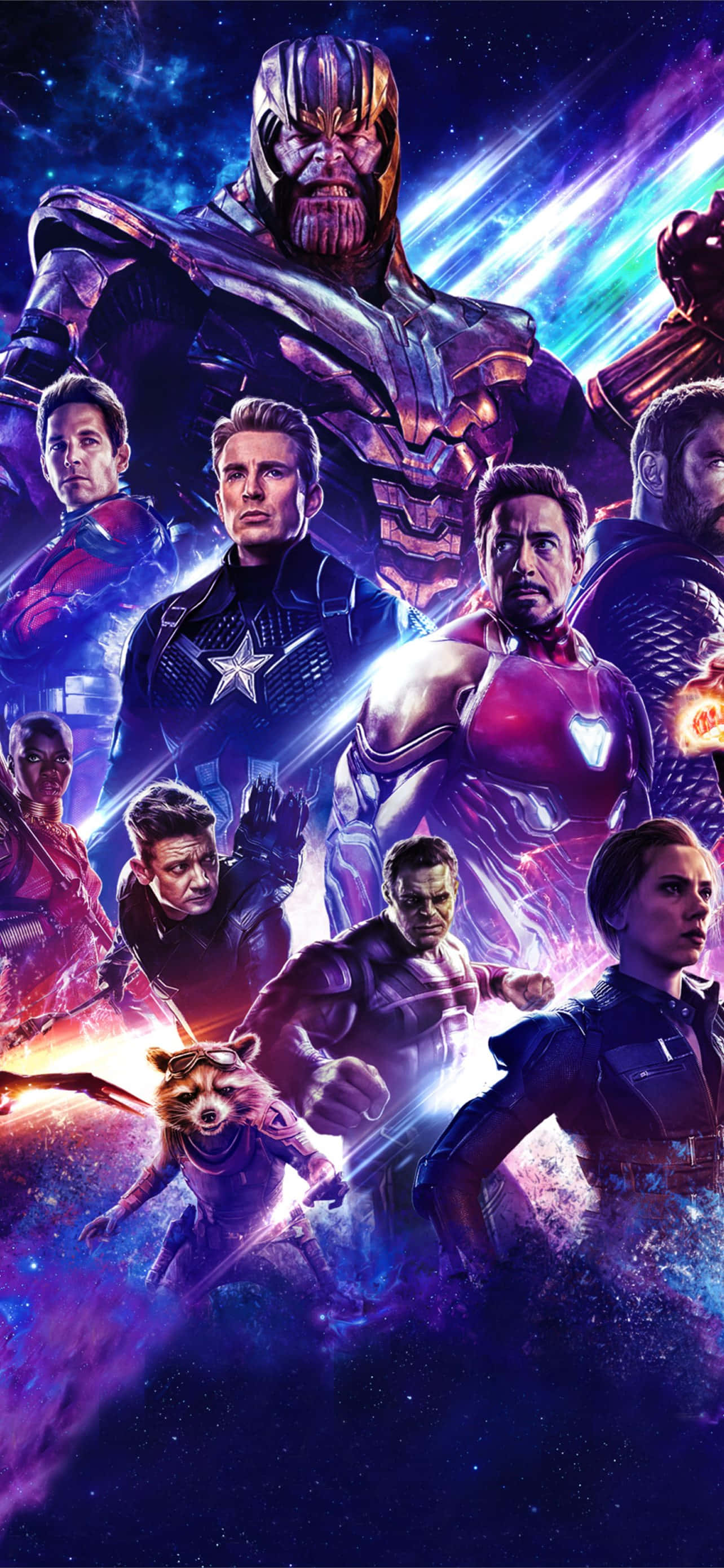 Avengers Endgame iPhone 桌布 壁紙 — 一場宇宙戰鬥場景， featuring Thanos 和復仇者聯盟英雄，背景是充滿活力的星空太空。