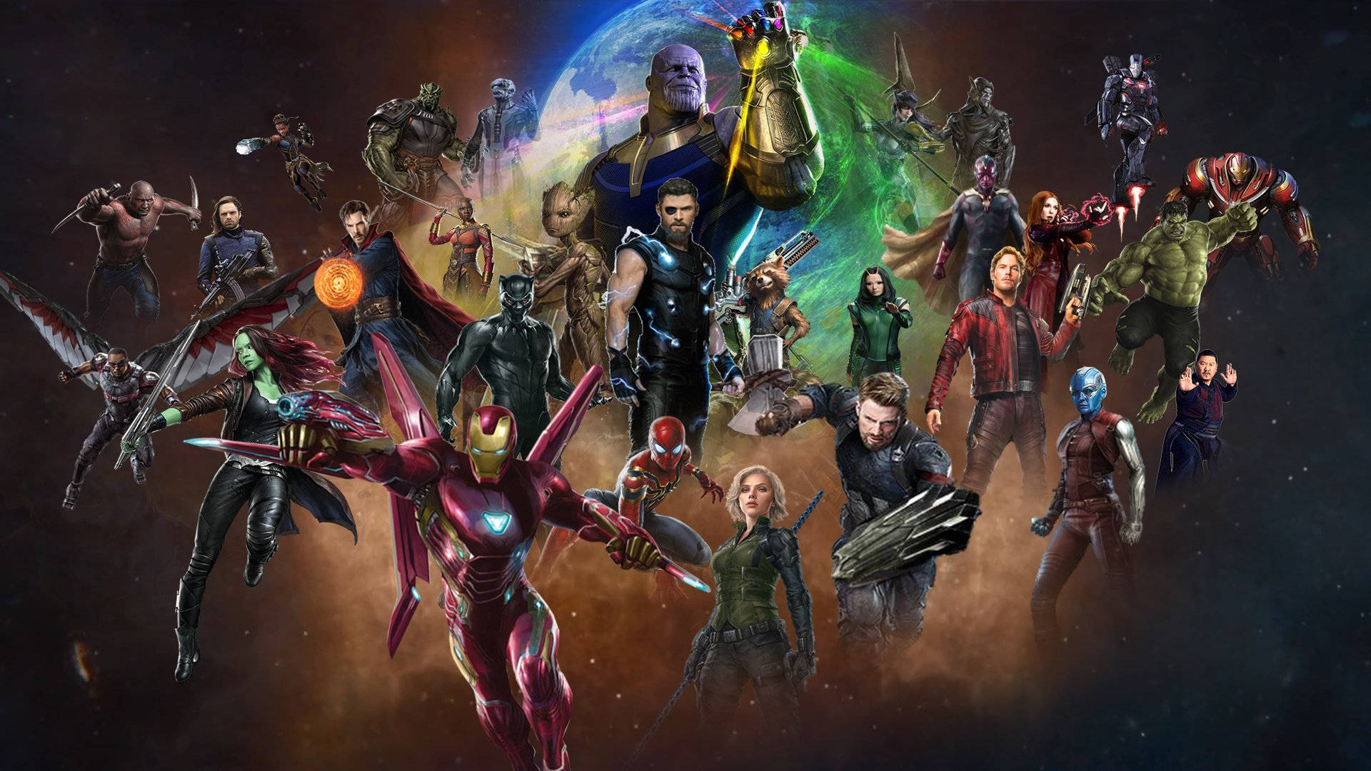 Shuri 桌布 壁紙 — 一場宇宙戰鬥場景， featuring Marvel 超級英雄和反派如 Iron Man 和 Thanos，背景是星空太空。
