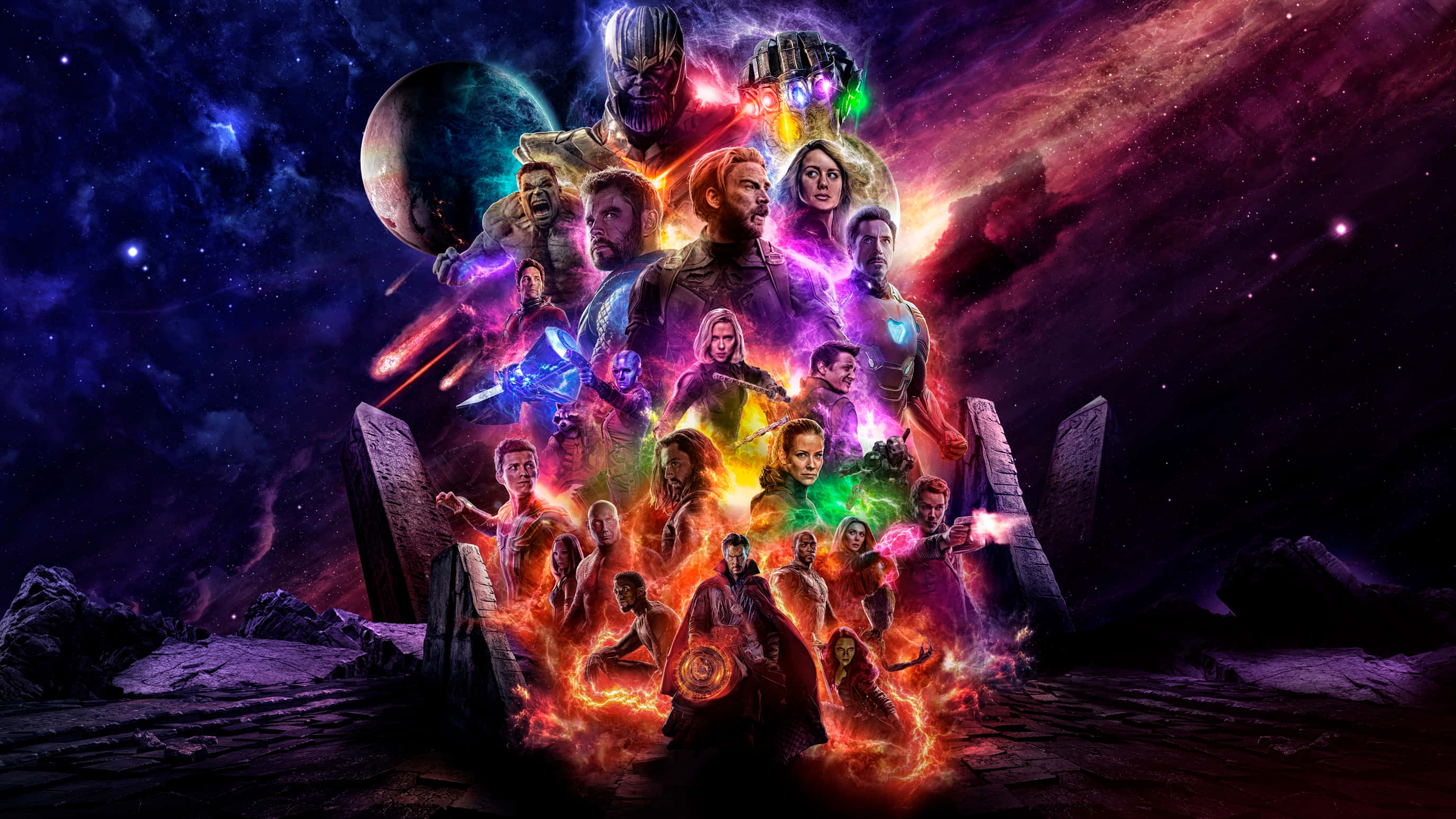 復仇者聯盟：終局之戰 桌布 壁紙 — 一場宇宙戰鬥場景，以Marvel超級英雄和反派為特色，背景是充滿活力的星雲，帶有發光的能量效果。