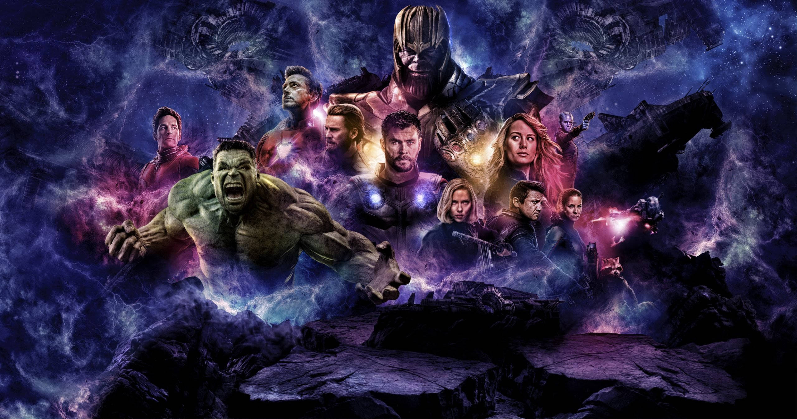 Marvel Superheroes 桌布 壁紙 — 一場宇宙戰鬥場景，以旋轉的紫色星雲為背景， featuring Marvel 超級英雄和反派。