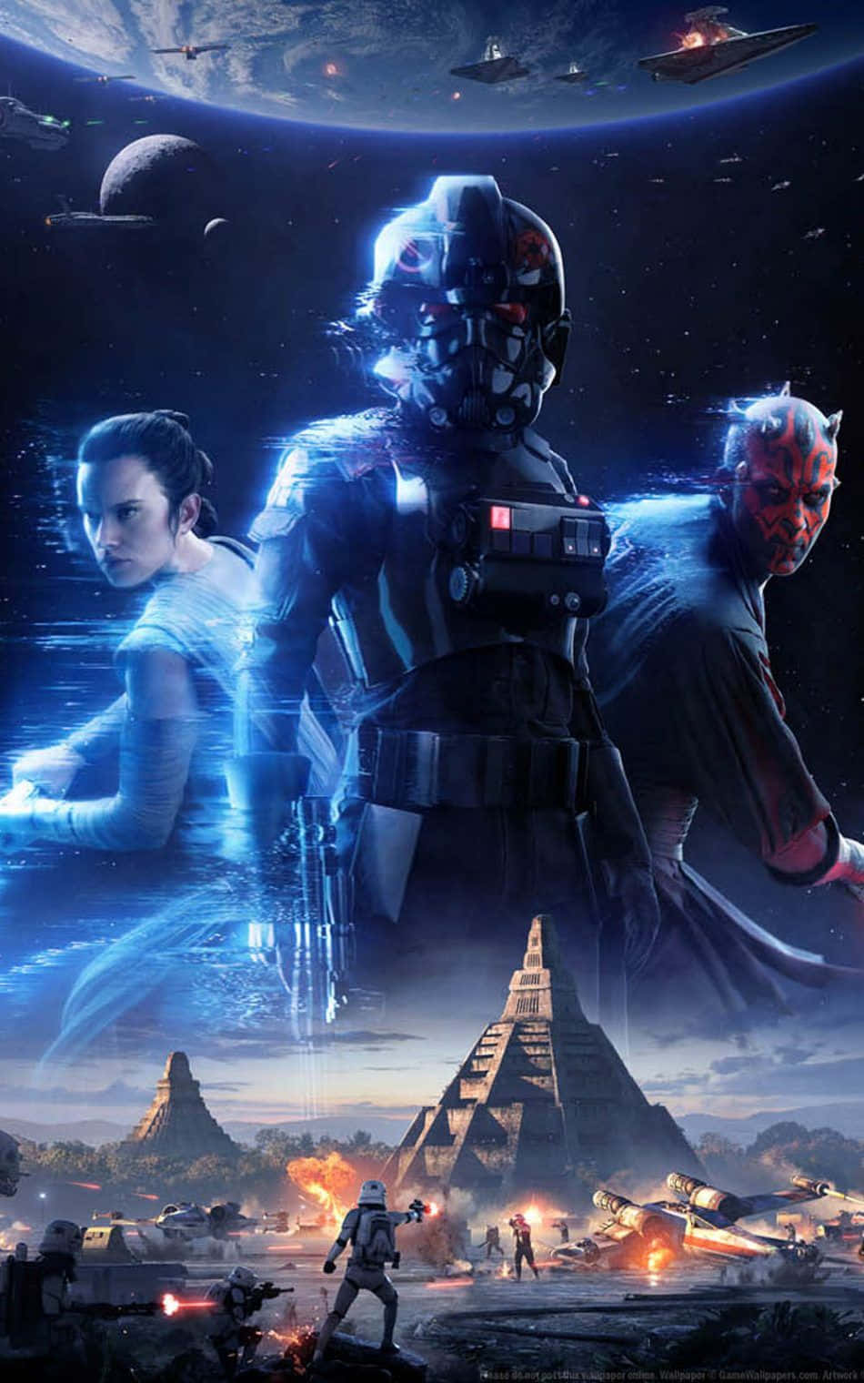 Star Wars Phone 桌布 壁紙 — 一場宇宙戰鬥場景，以星艦、行星和金字塔神廟為背景，在星空下呈現雷伊·達斯·維達和達斯·摩爾。