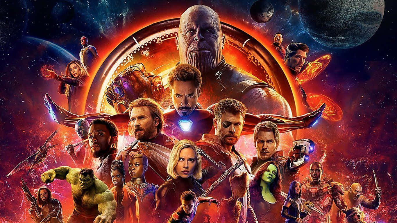 1366x768 Marvel 桌布 壁紙 — 一場宇宙戰鬥場景，以漫威超級英雄和反派為特色，背景是熾熱星雲，點綴著行星和恆星。