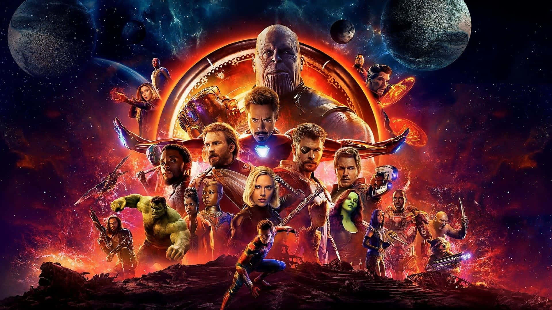 Marvel Aesthetic Laptop 桌布 壁紙 — 一場宇宙戰鬥場景，以熾熱星雲為背景，包含行星和恆星， featuring Marvel 超級英雄和反派。