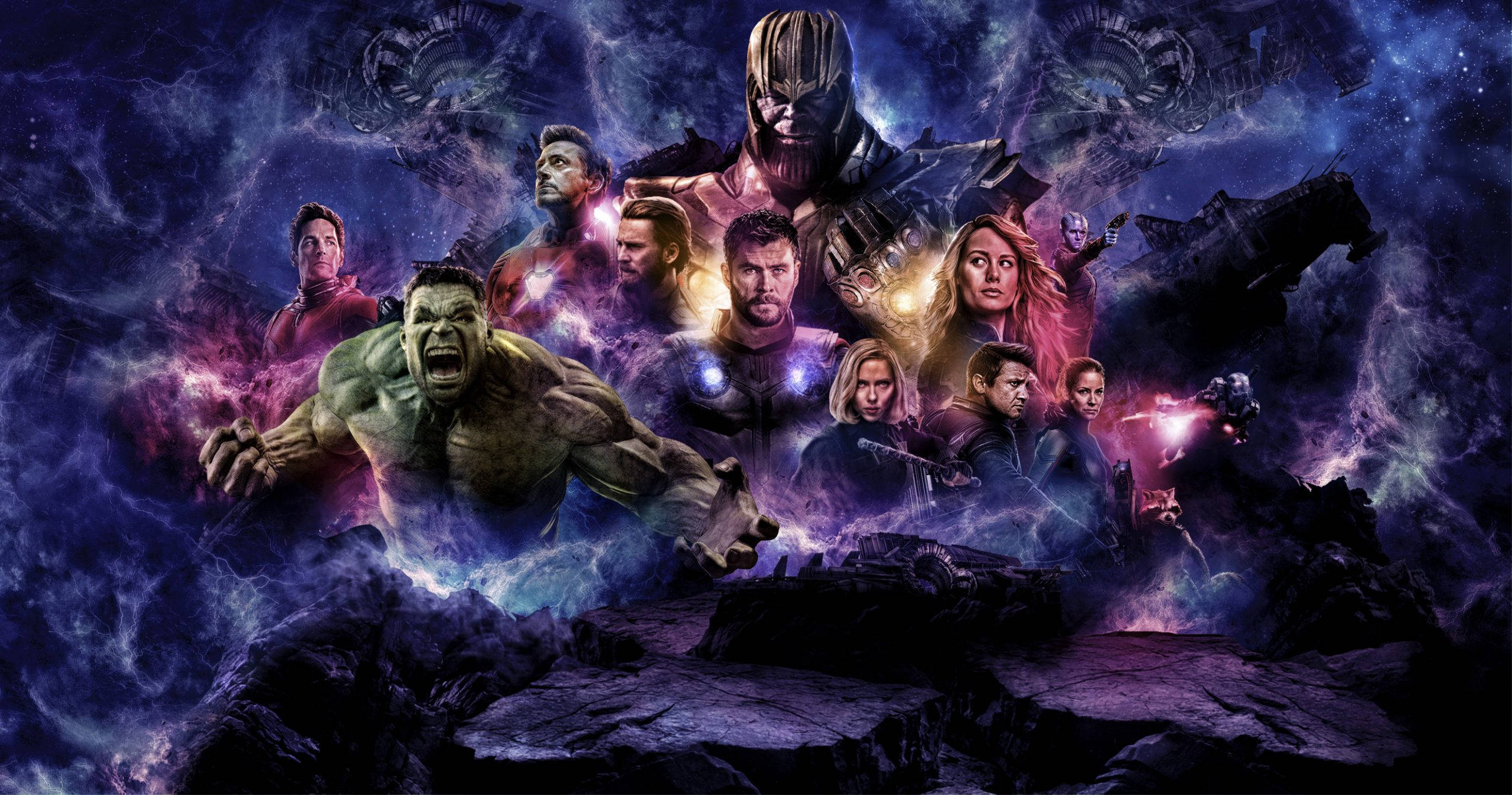 4K Marvel 壁紙 桌布 壁紙 — 一場宇宙戰鬥場景，復仇者聯盟和薩諾斯在旋轉的紫色星雲和漂浮的碎片中。