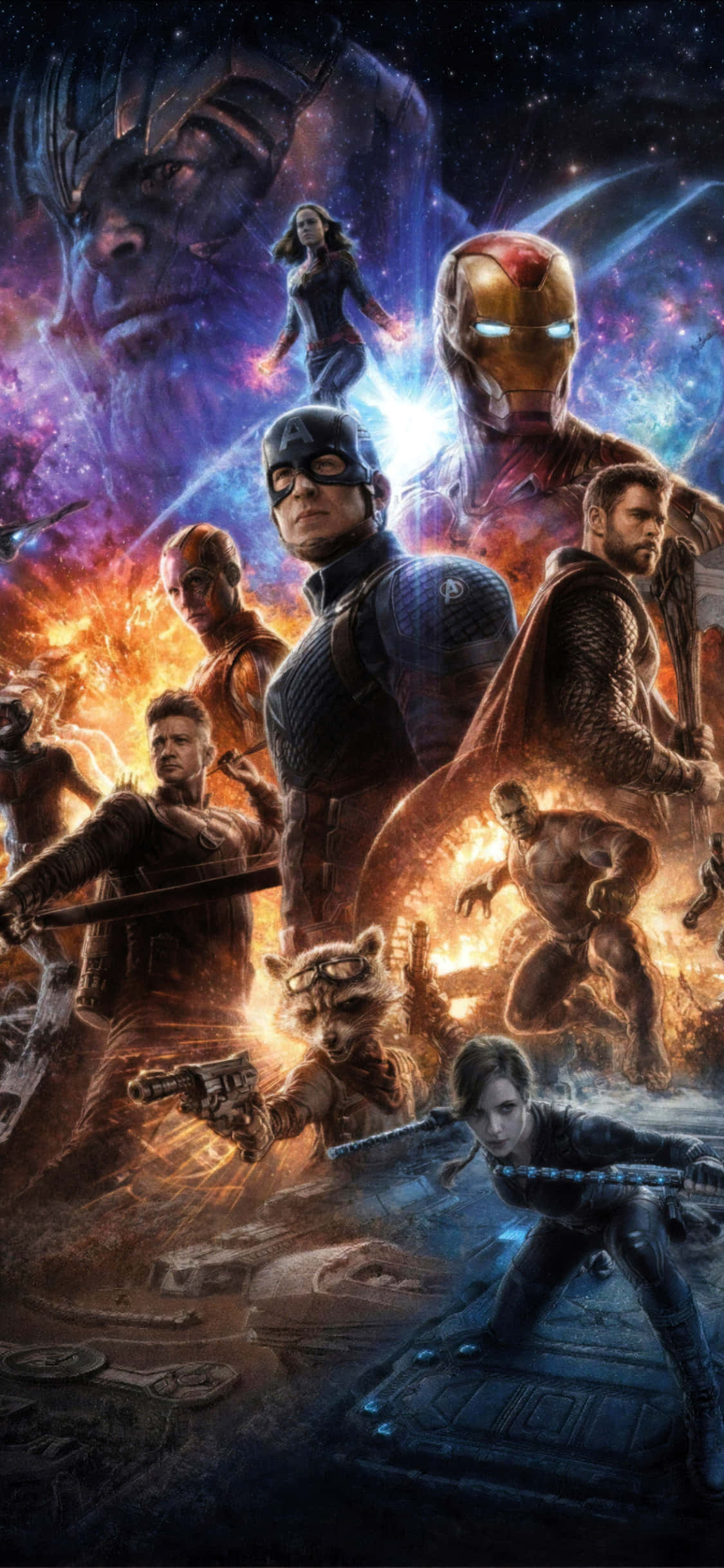 Avengers Endgame iPhone 桌布 壁紙 — 一場宇宙戰鬥場景，復仇者聯盟英雄如鋼鐵人和美國隊長在滿是星星的星系中對抗薩諾斯。