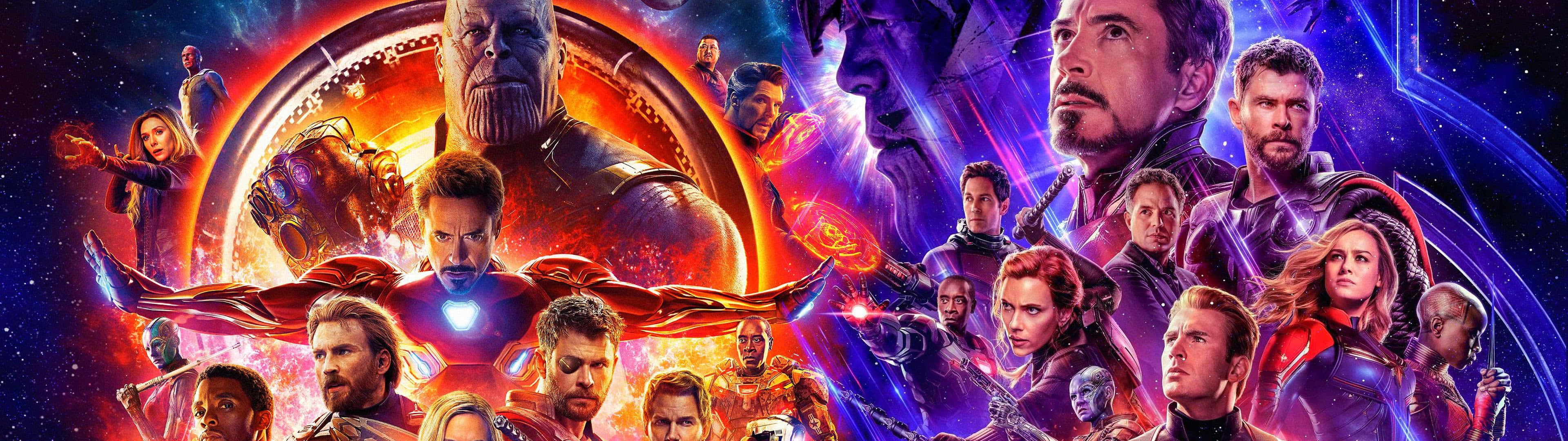 Avengers Dual Screen 桌布 壁紙 — 一場宇宙戰鬥場景，復仇者聯盟角色在充滿活力的星空中與薩諾斯對戰，帶有發光能量效果。