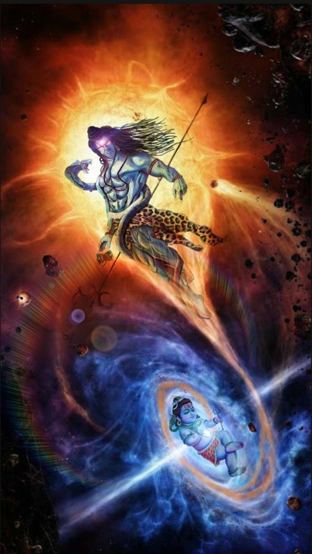 Vishnu 桌布 壁紙 — 一場宇宙戰鬥展開，一位藍皮膚的神祇披著豹皮，揮舞長矛，背景是旋轉的星系。