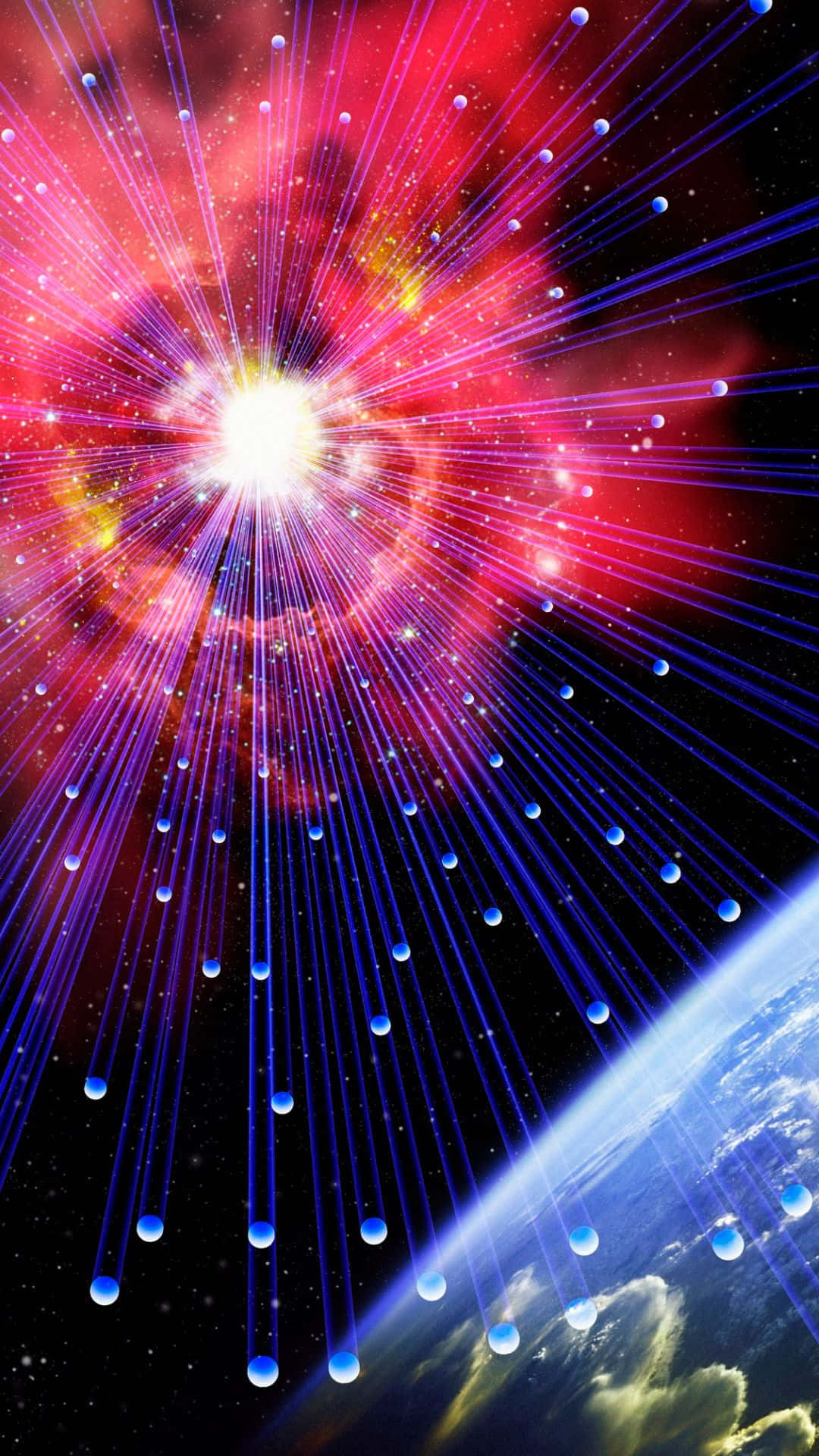 行星動畫 桌布 壁紙 — 一場宇宙爆炸在地球彎曲的地平線上空放射出鮮豔的紅色和藍色光束。
