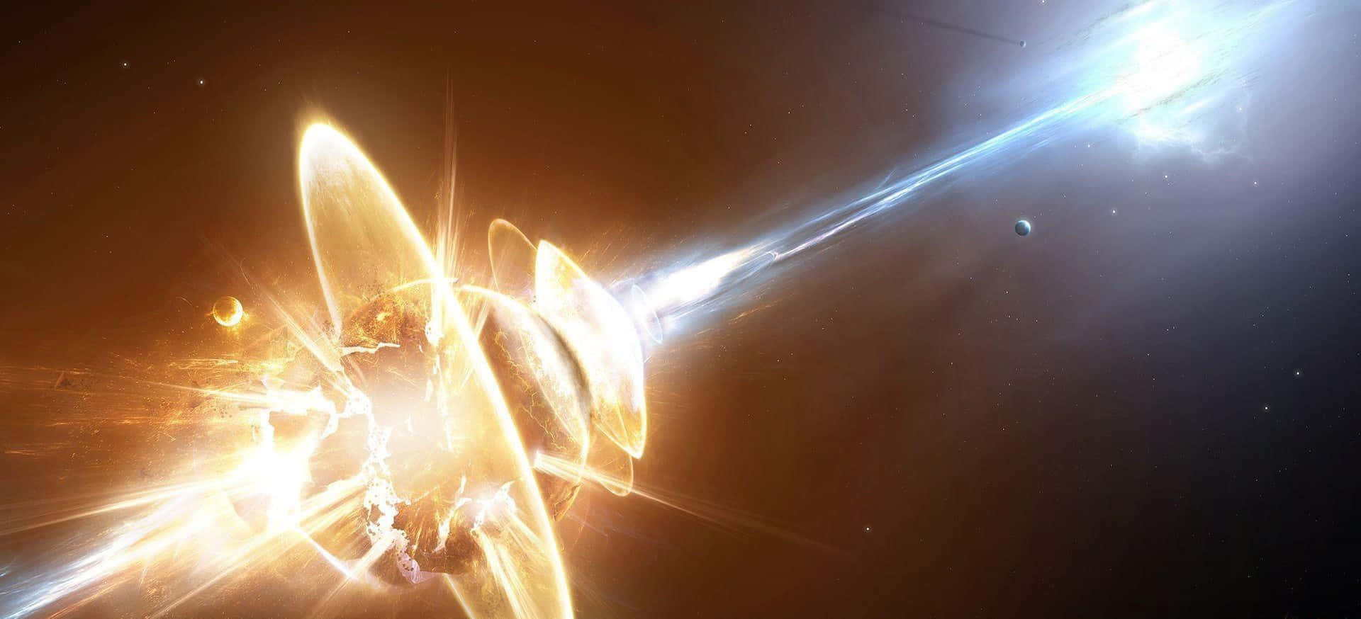 Planets 桌布 壁紙 — 一場宇宙爆炸在星空中散發出金色光芒，伴隨著藍色能量條紋和遙遠的行星。
