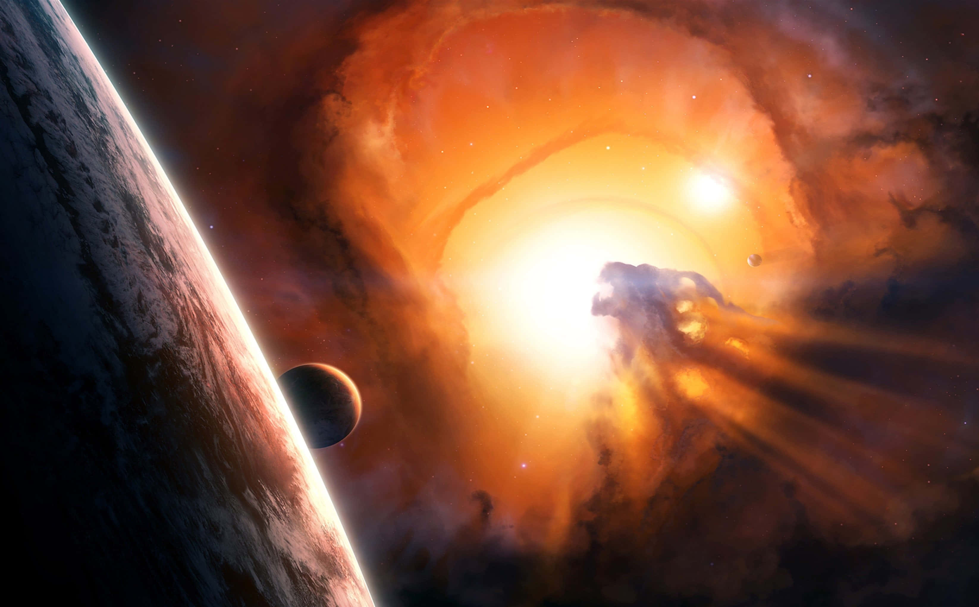 Black Hole Sun 桌布 壁紙 — 一場宇宙爆炸在深空中靠近一顆行星和月球散發出熾熱的橙色光芒。