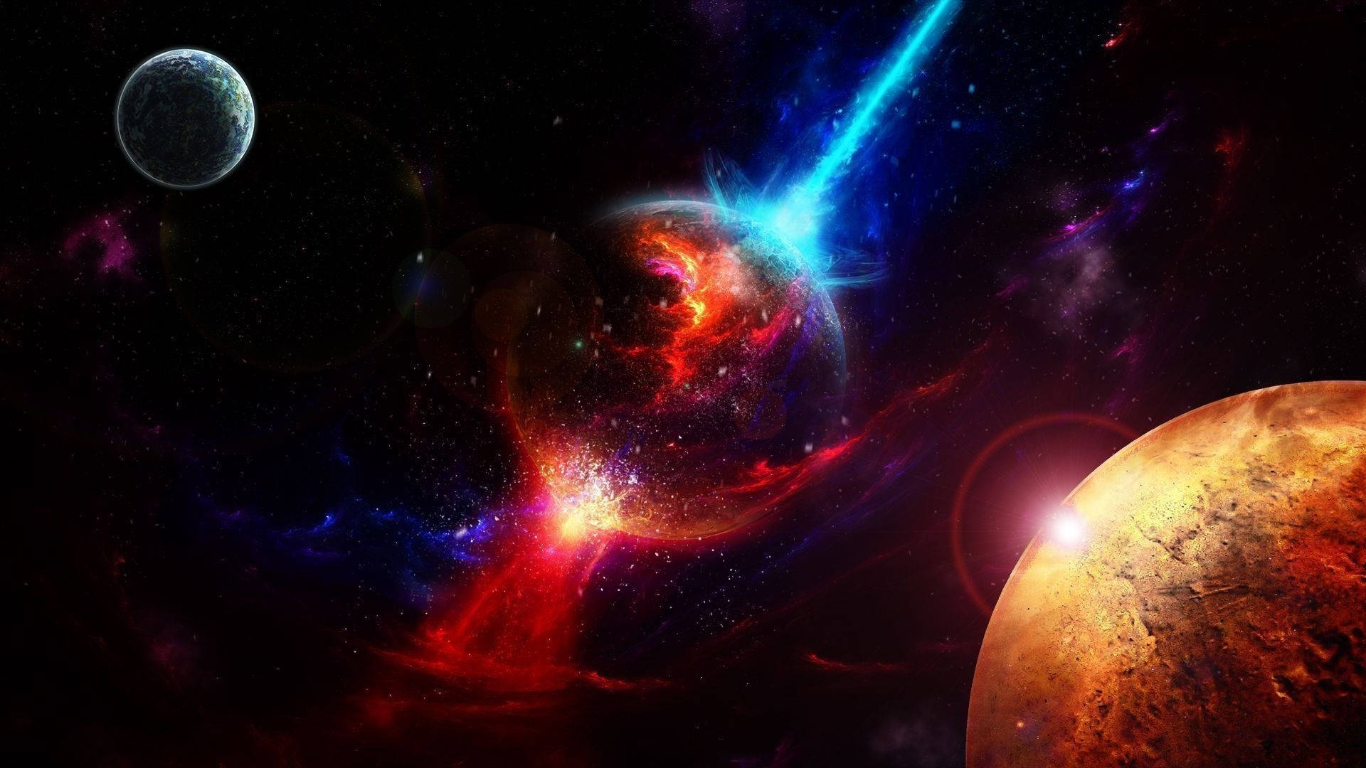 Stars 桌布 壁紙 — 一場宇宙爆炸在深空的行星和恆星之間散發出火紅和電藍色的能量。