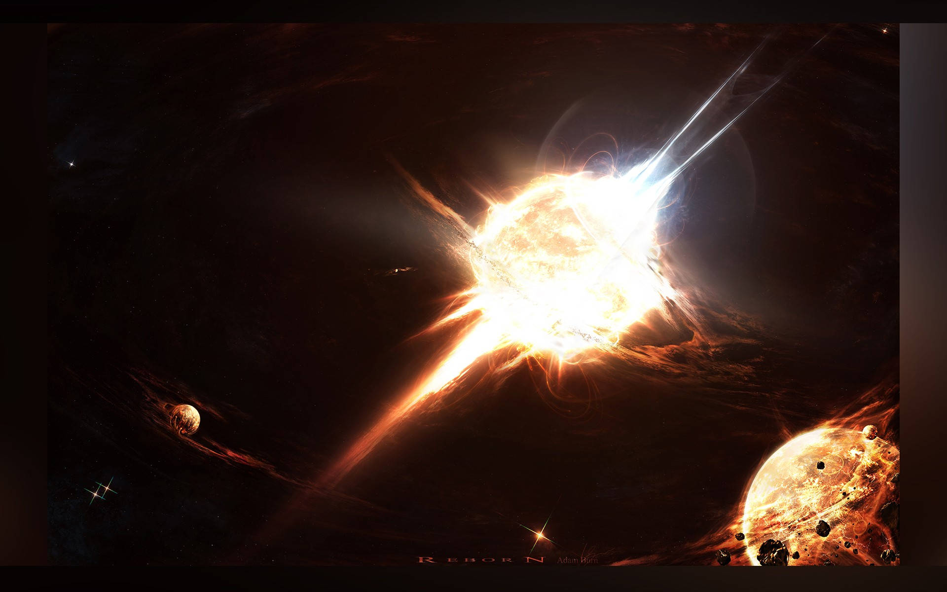 sun HD 桌布 壁紙 — 一場宇宙爆炸在黑暗虛空中散發出熾熱的光芒，背景有行星和恆星。