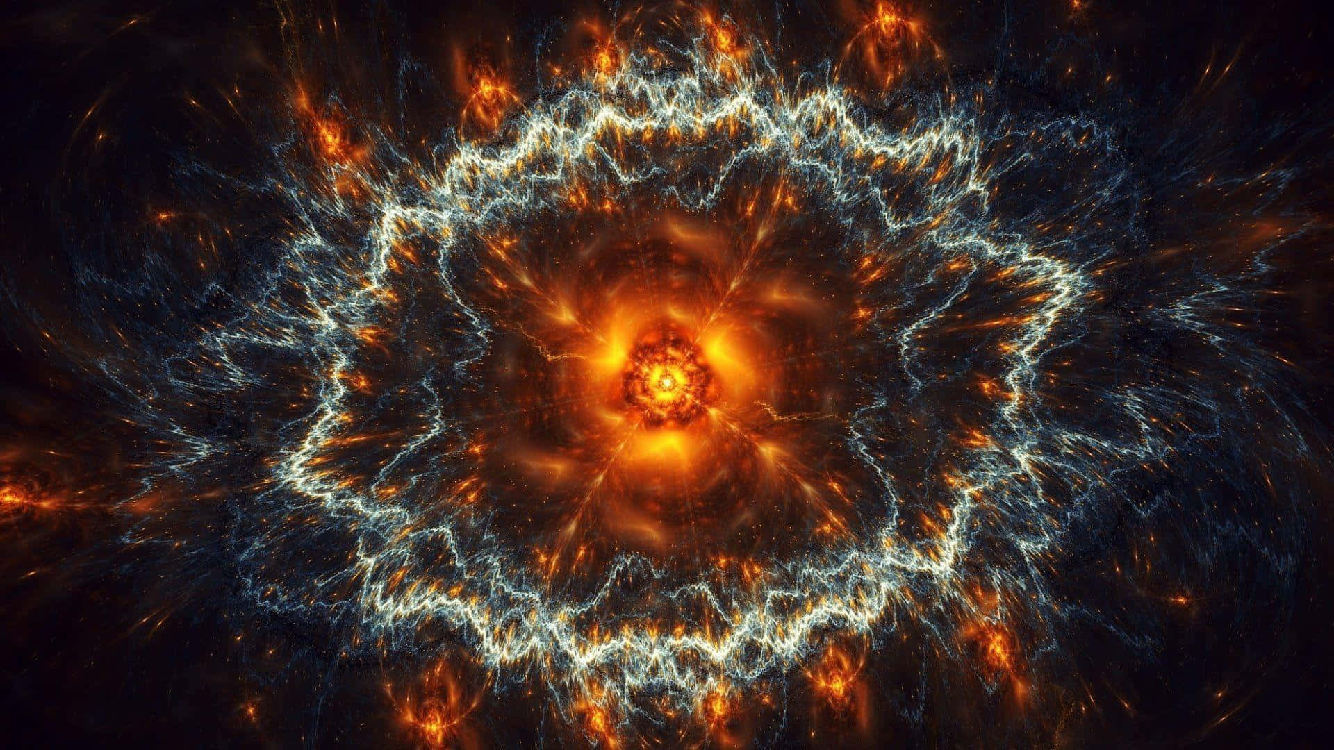 Supernova 桌布 壁紙 — 一場宇宙爆炸在黑暗虛空中散發出熾熱的橙色和電光藍色能量，形成旋轉螺旋。