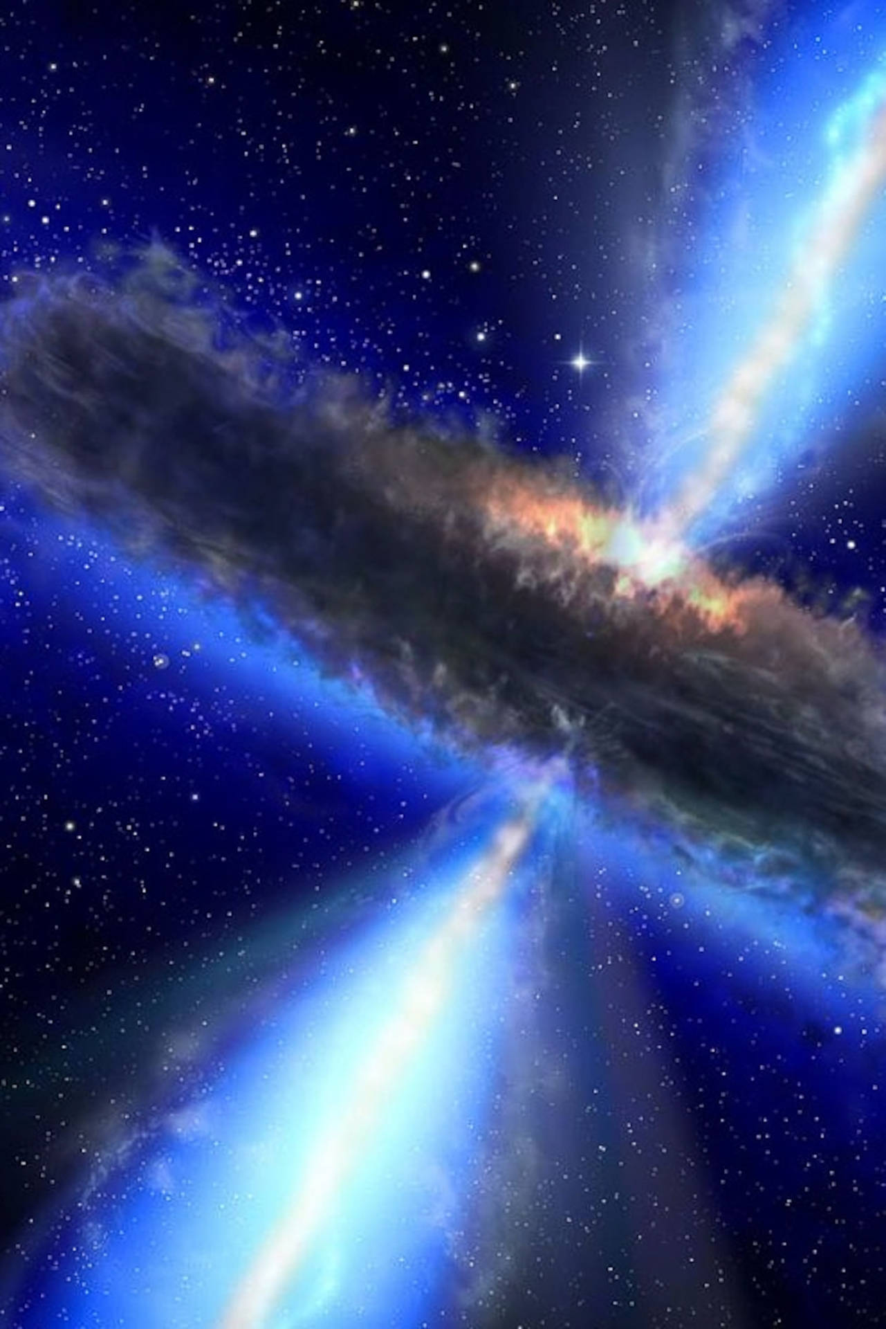 宇宙爆炸帶有藍色光束和暗星雲，背景是星場 — 黑洞 GIF 壁紙