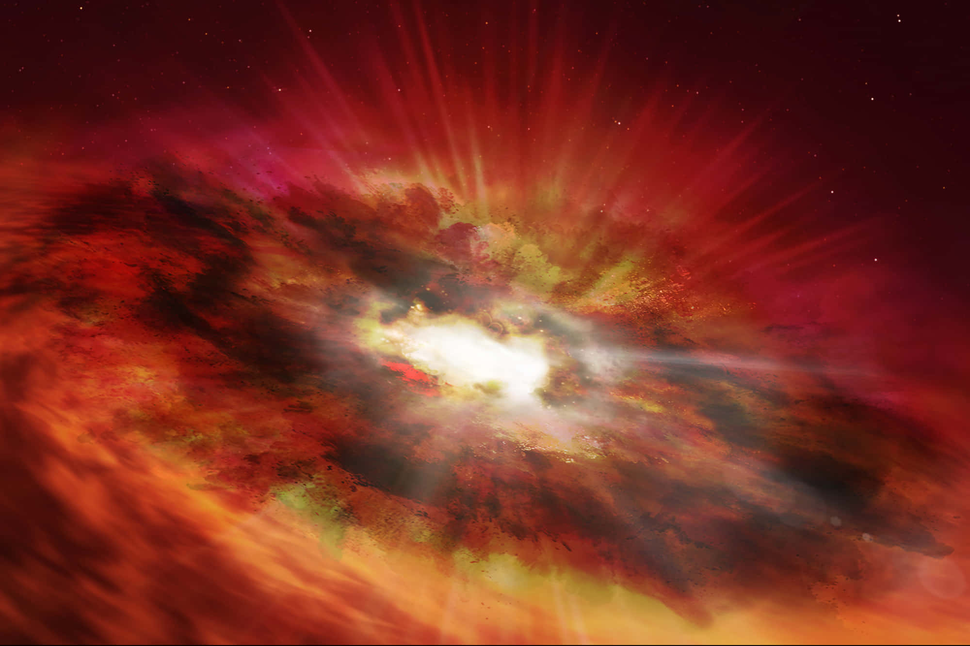 Black Hole Hubble Telescope 桌布 壁紙 — 一場宇宙爆炸從明亮的中心核心散發出熾熱的紅色和橙色，背景是繁星點點的黑暗太空。
