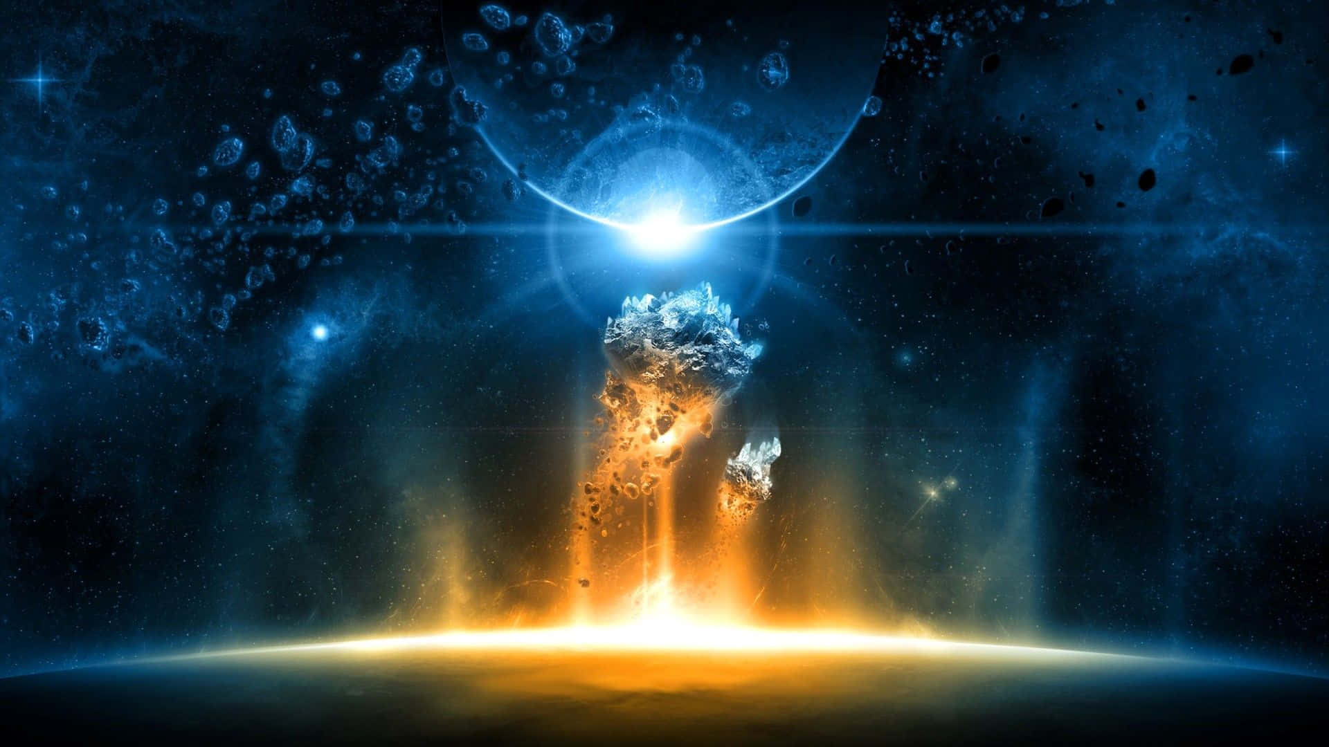 Galaxy Artwork 桌布 壁紙 — 一場宇宙爆炸從行星表面噴發，在深藍色星空和漂浮的小行星中投射出熾熱的橙色光芒。