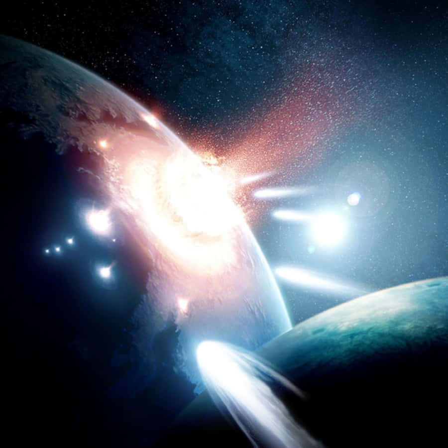 Celestial Bodies 桌布 壁紙 — 一場宇宙爆炸從行星表面噴發，明亮的能量光束穿過有兩顆行星的星空太空場景。