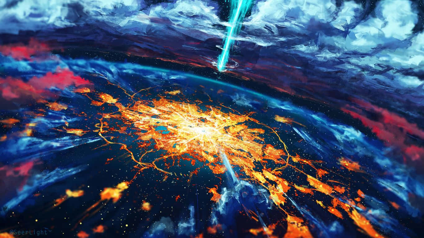 桌布 壁紙 — 一場宇宙爆炸散發出熾熱的橙色能量，穿過旋轉的藍色和紅色星雲，一道發光的光束刺穿雲層。