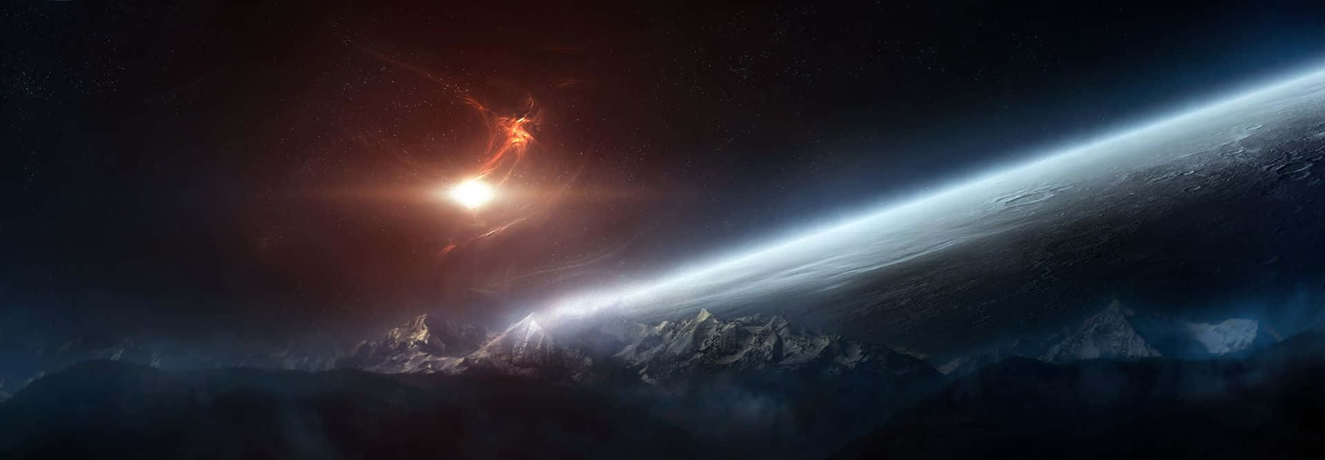 wide 桌布 壁紙 — 一場宇宙爆炸照亮了鋸齒狀的外星山脈，映襯著行星發光的大氣曲線。
