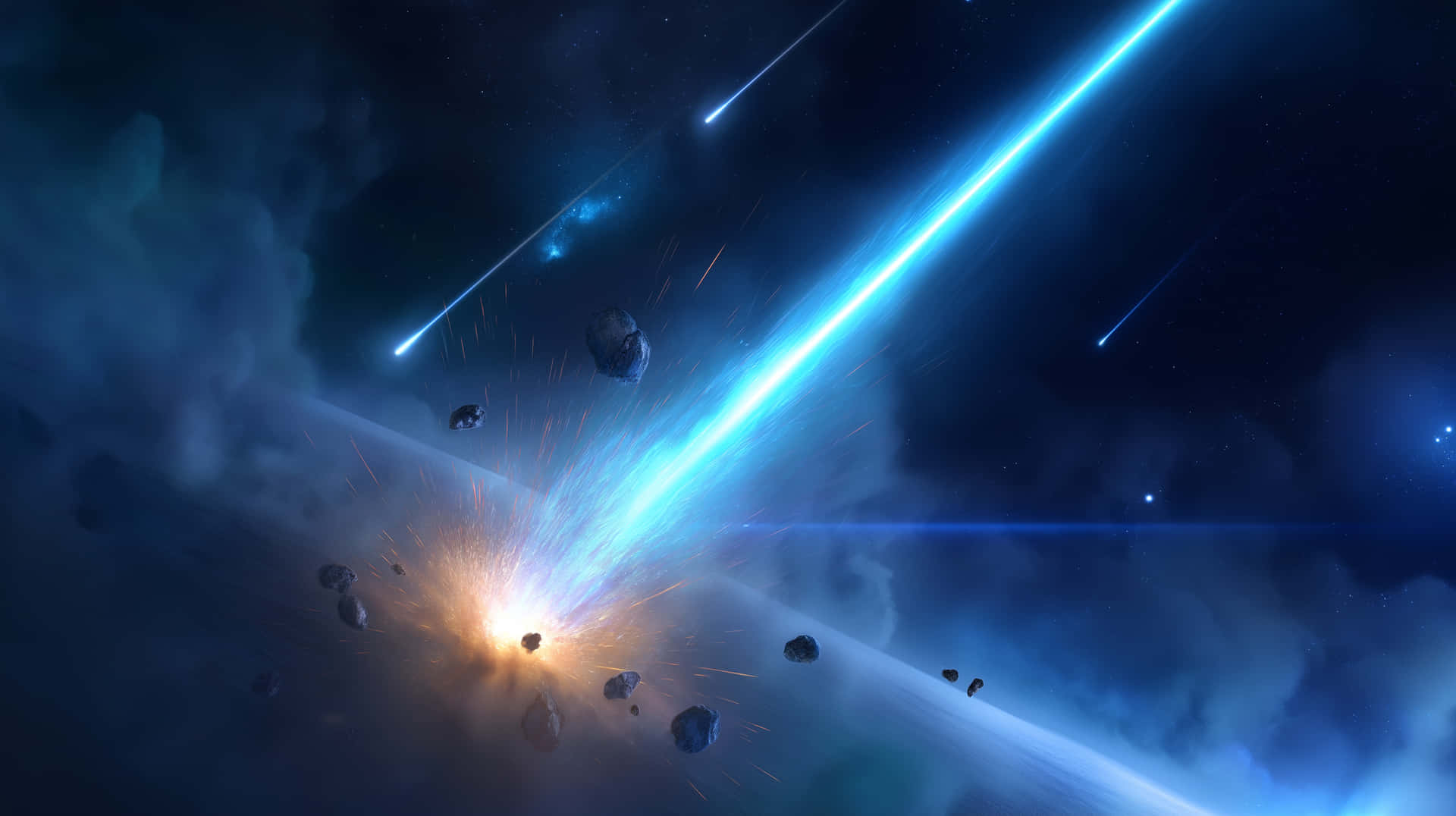 Cosmic Impact Scene with Glowing Asteroid and Debris 壁紙 — 一場宇宙碰撞爆發熾熱火花，一道明亮的藍色能量光束在深空中切穿小行星和星雲。