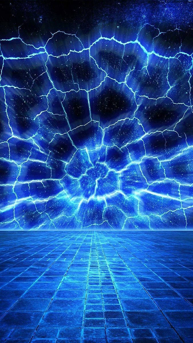 手機 桌布 壁紙 — 一場宇宙藍色閃電風暴在超現實數位虛空中的瓷磚地板上方，劃過星空劈啪作響。