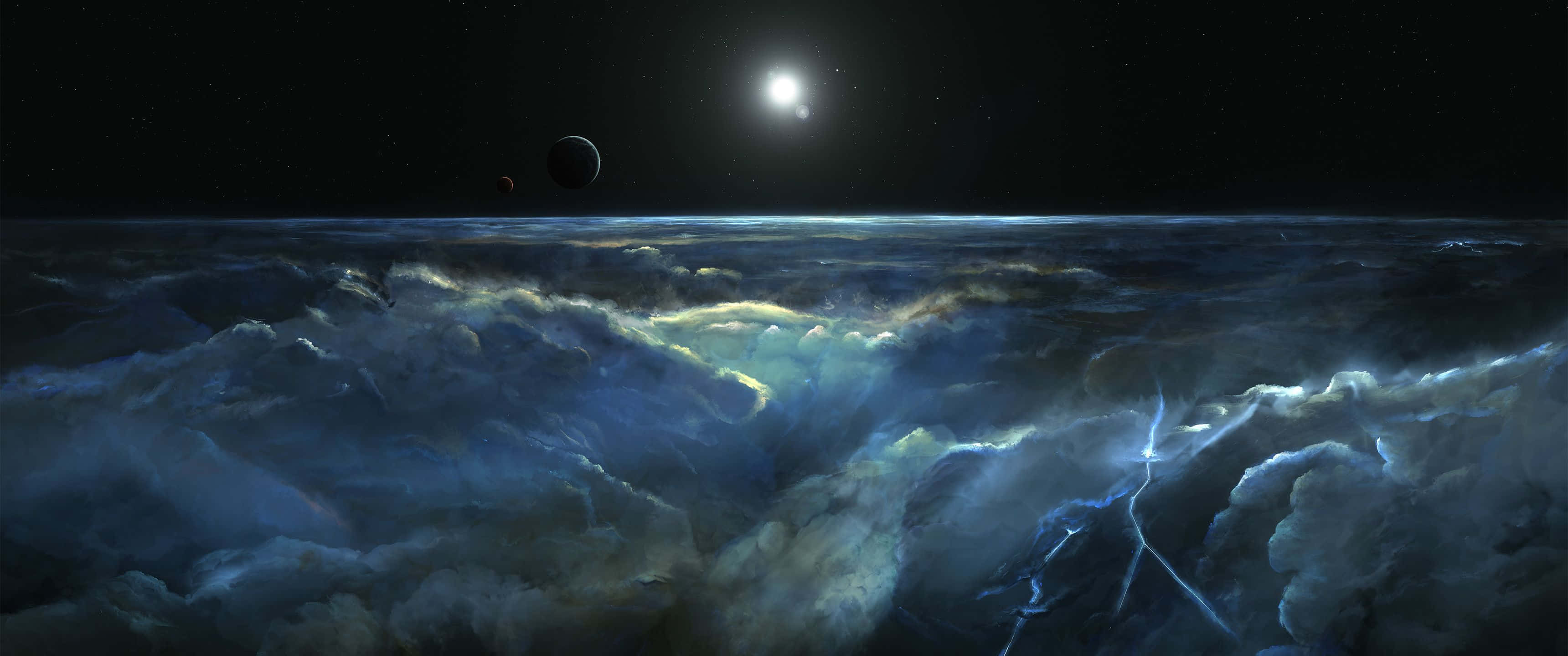 閃電 桌布 壁紙 — 一場宇宙風暴在黑暗天空中漂浮的遙遠行星和明亮恆星下，肆虐於洶湧的海洋之上。