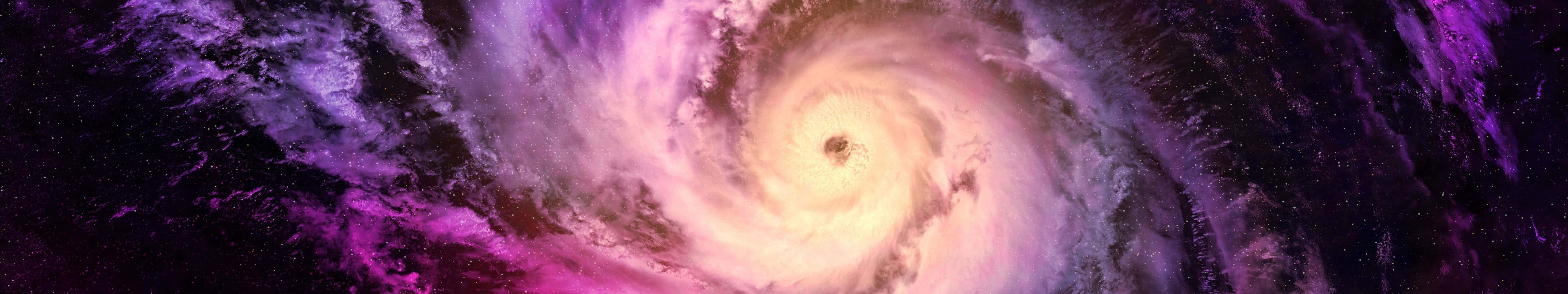 桌布 壁紙 — 一場宇宙颶風在繁星點點的虛空中以鮮豔的紫色和白色旋轉，散發著宇宙能量。