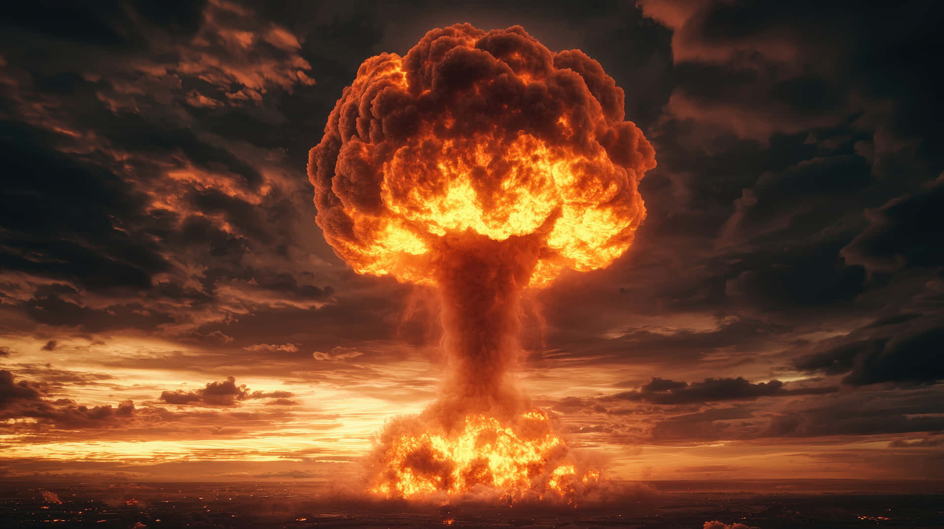 Massive Fiery Explosion with a Towering Mushroom Cloud at Sunset 壁紙 — 一場巨大的熾熱核爆炸在戲劇性的橙色和黑暗天空中形成蘑菇雲。