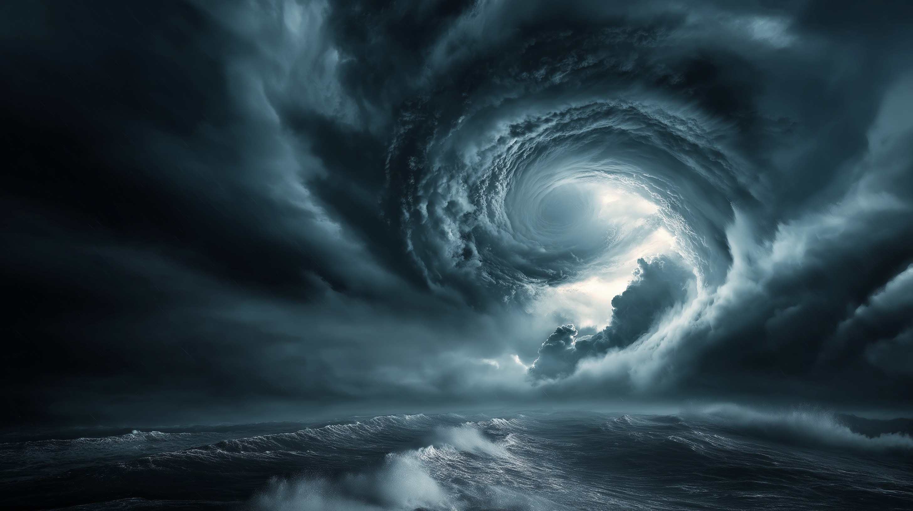 暴風 桌布 壁紙 — 一場巨大的風暴在頭頂盤旋，烏雲在翻騰的海浪上方螺旋狀朝向明亮的中心。