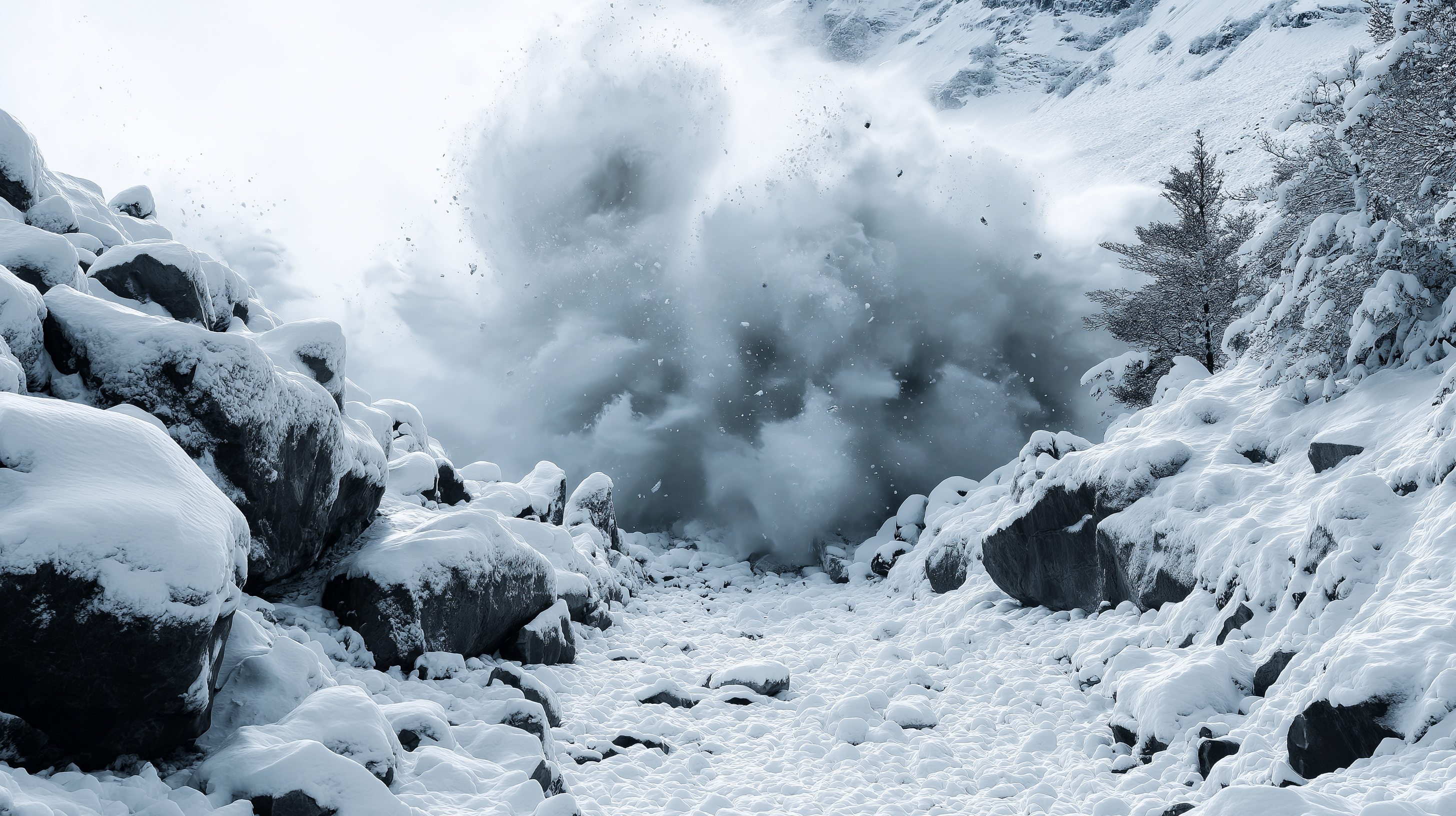 山脈 桌布 壁紙 — 一場強勁的雪爆炸在一個被白雪覆蓋的岩石山谷中爆發。