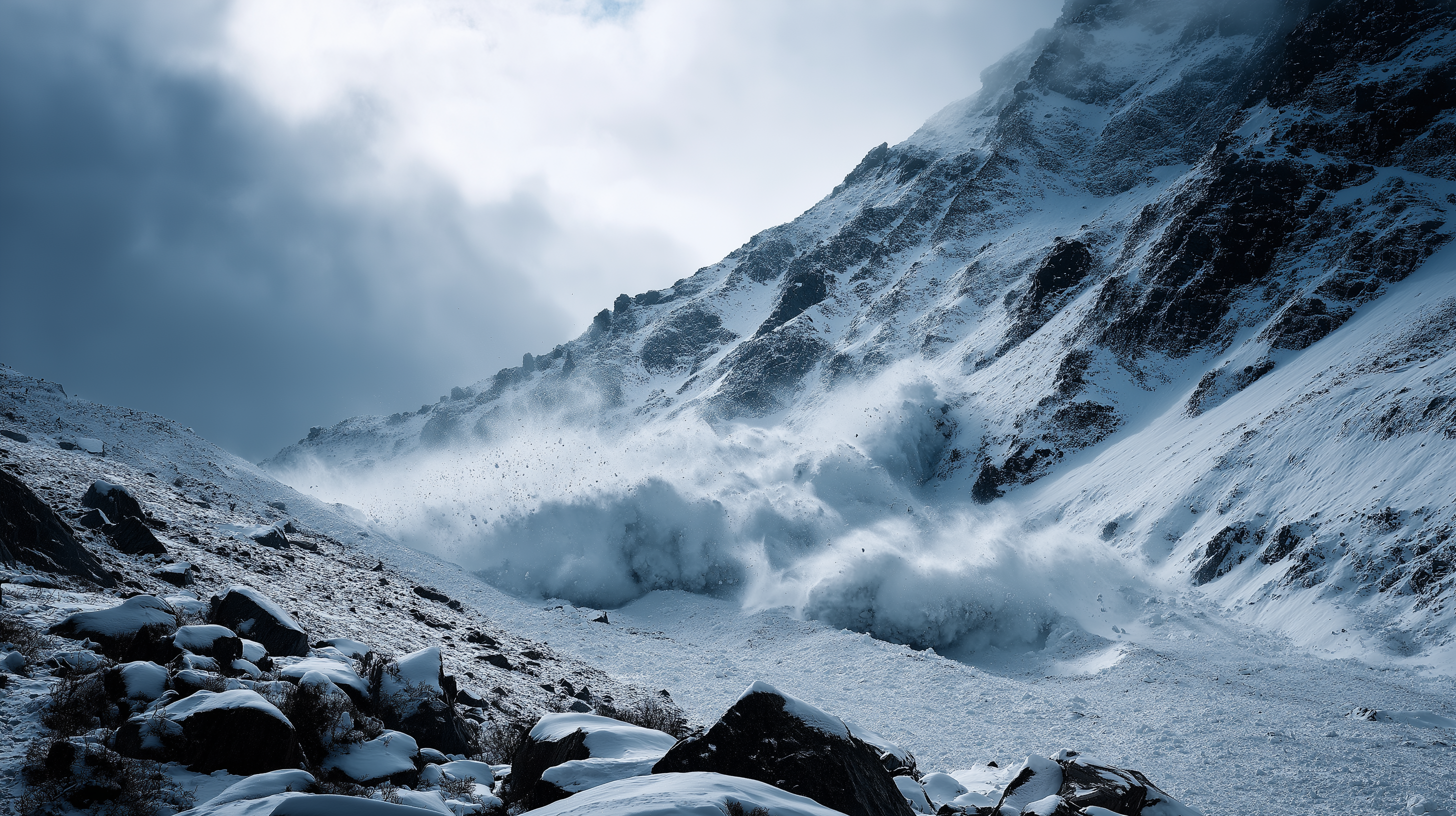 山脈 桌布 壁紙 — 一場強大的雪崩在陰天之下衝下積雪的山坡。