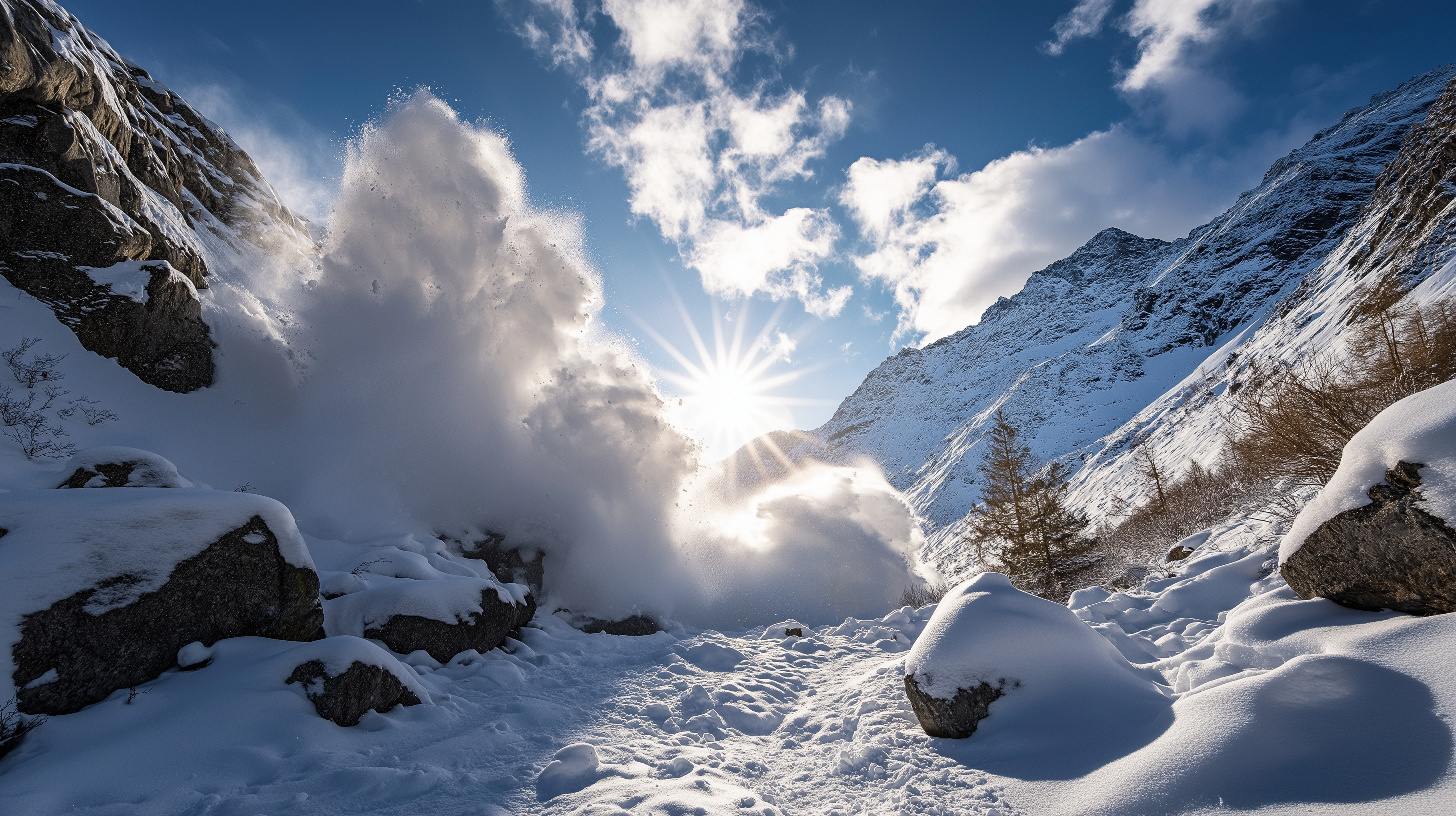 山脈 桌布 壁紙 — 一場強大的雪爆在陽光明媚的阿爾卑斯山谷中爆發，周圍是白雪覆蓋的山脈和岩石露頭。