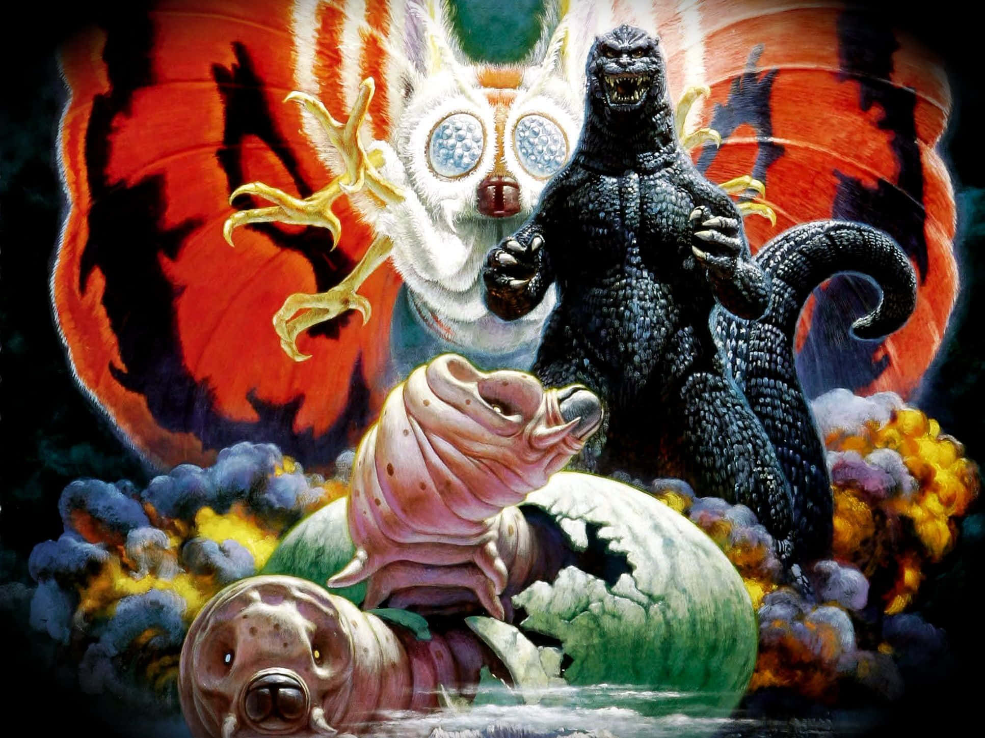 Classic Godzilla 桌布 壁紙 — 一場戲劇性的動漫風格戰鬥場景， featuring 哥吉拉、一隻巨大的白色貓狀怪物和一隻粉紅色的蠕蟲狀生物， amid 熾熱的爆炸。