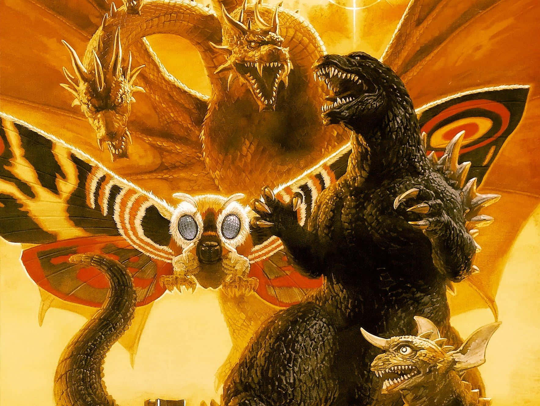King Ghidorah 桌布 壁紙 — 一場戲劇性的動畫風格戰鬥場景，哥吉拉與三隻怪獸級卡美拉在火紅的金色天空下對峙。