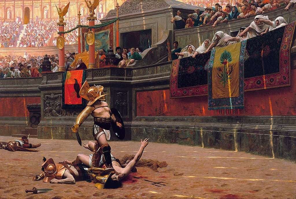 Roman Colosseum 桌布 壁紙 — 一場戲劇性的古羅馬角鬥士戰鬥在華麗的競技場中展開，歡呼的人群從階梯式座位觀看。