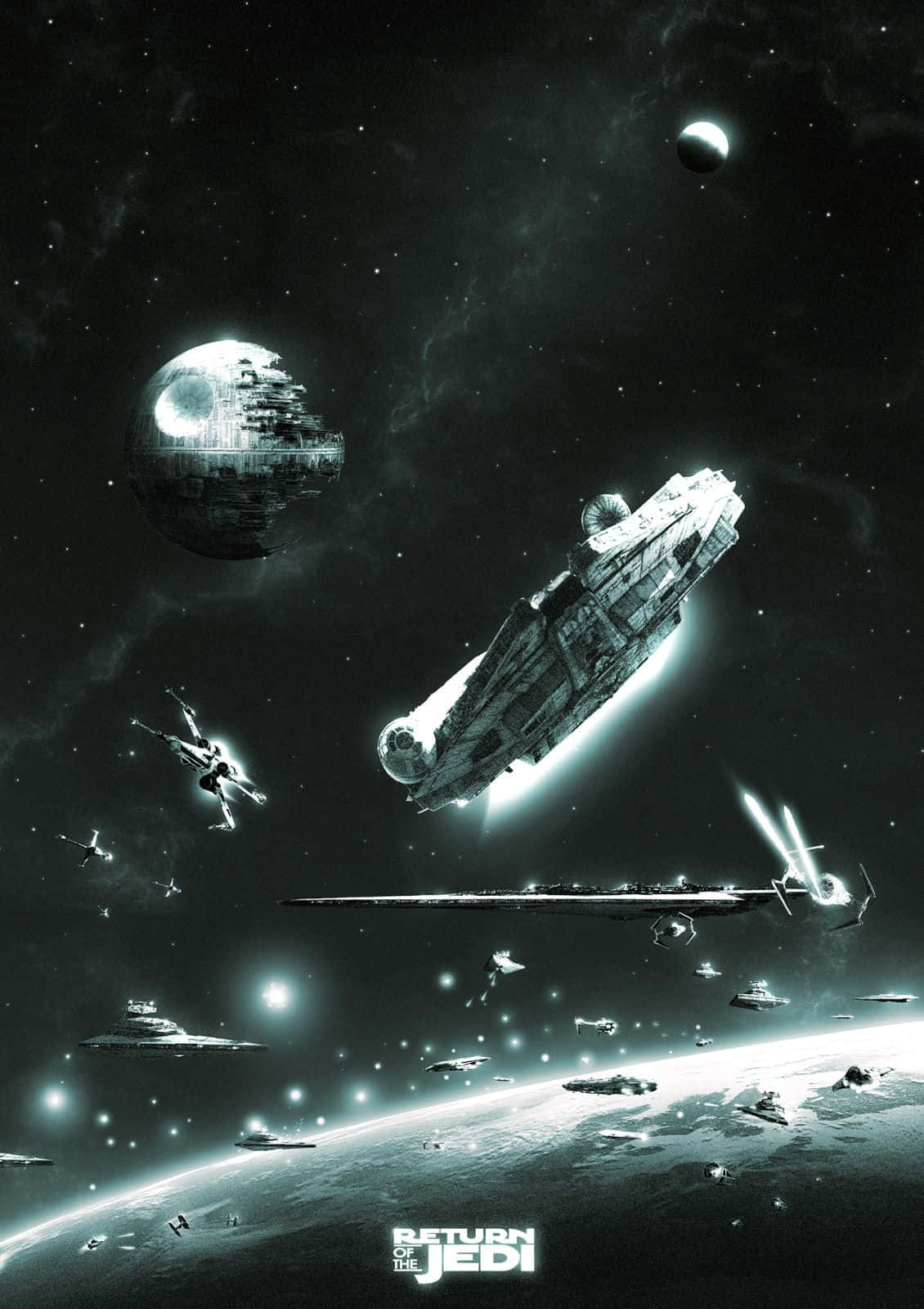 Return Of The Jedi 桌布 壁紙 — 一場戲劇性的太空戰展開，千年鷹號在死星籠罩的行星附近躲避雷射射擊。