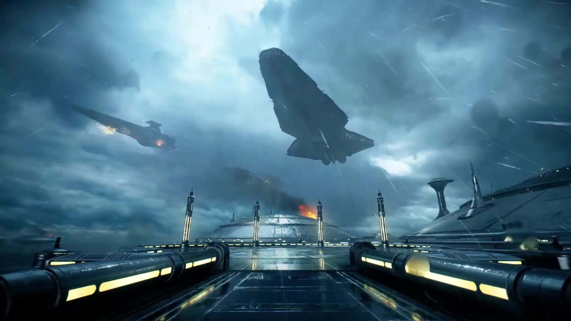 Kamino 桌布 壁紙 — 一場戲劇性的太空戰役展開，星艦在風暴肆虐的外星行星上空交戰，伴隨著發光的塔樓和熾熱的爆炸。
