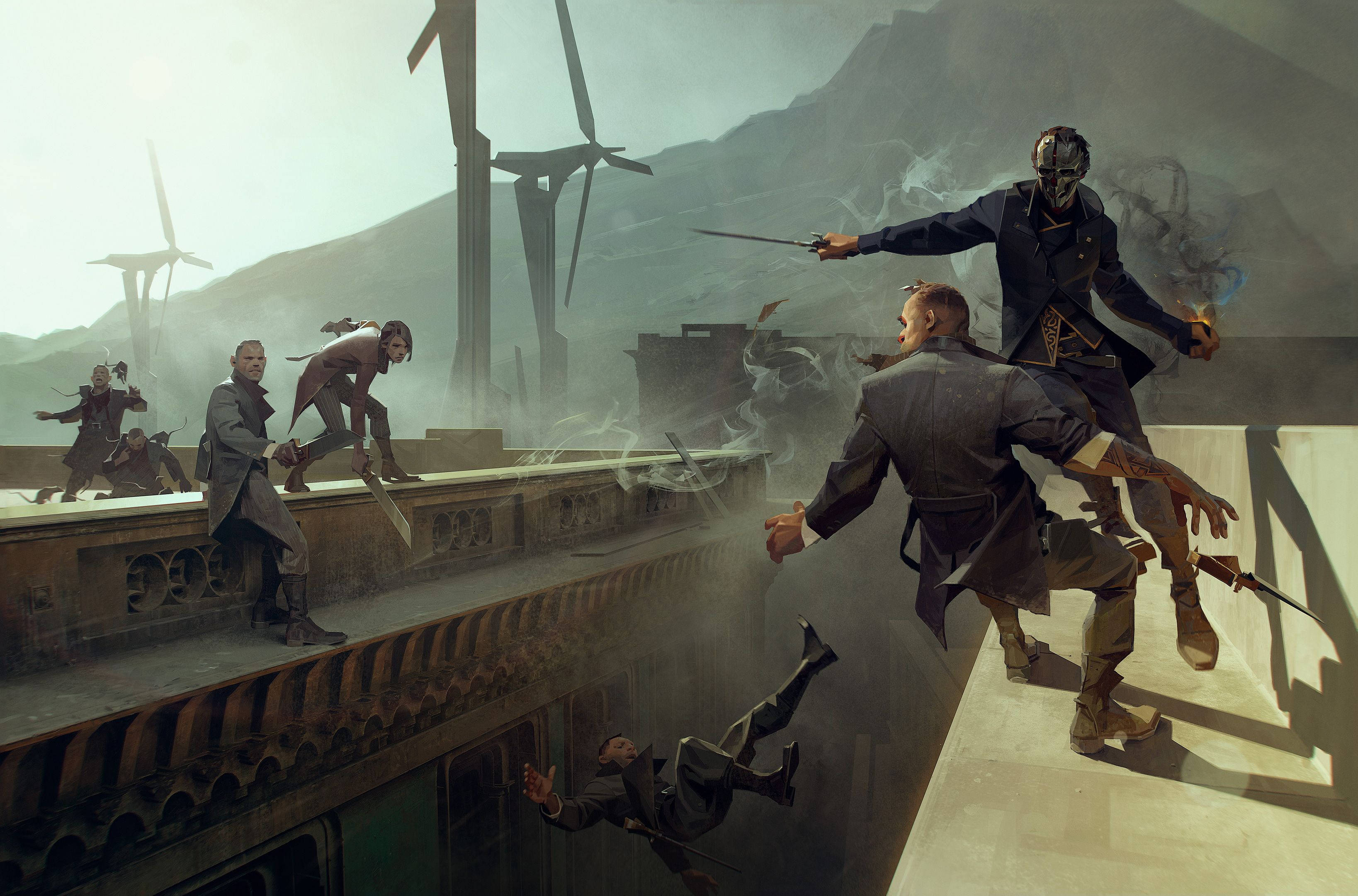 Dishonored 2 桌布 壁紙 — 一場戲劇性的奇幻戰鬥在 crumbling 屋頂上展開，戰士們在煙霧和風力渦輪機中交鋒，背景是霧氣繚繞的山脈。