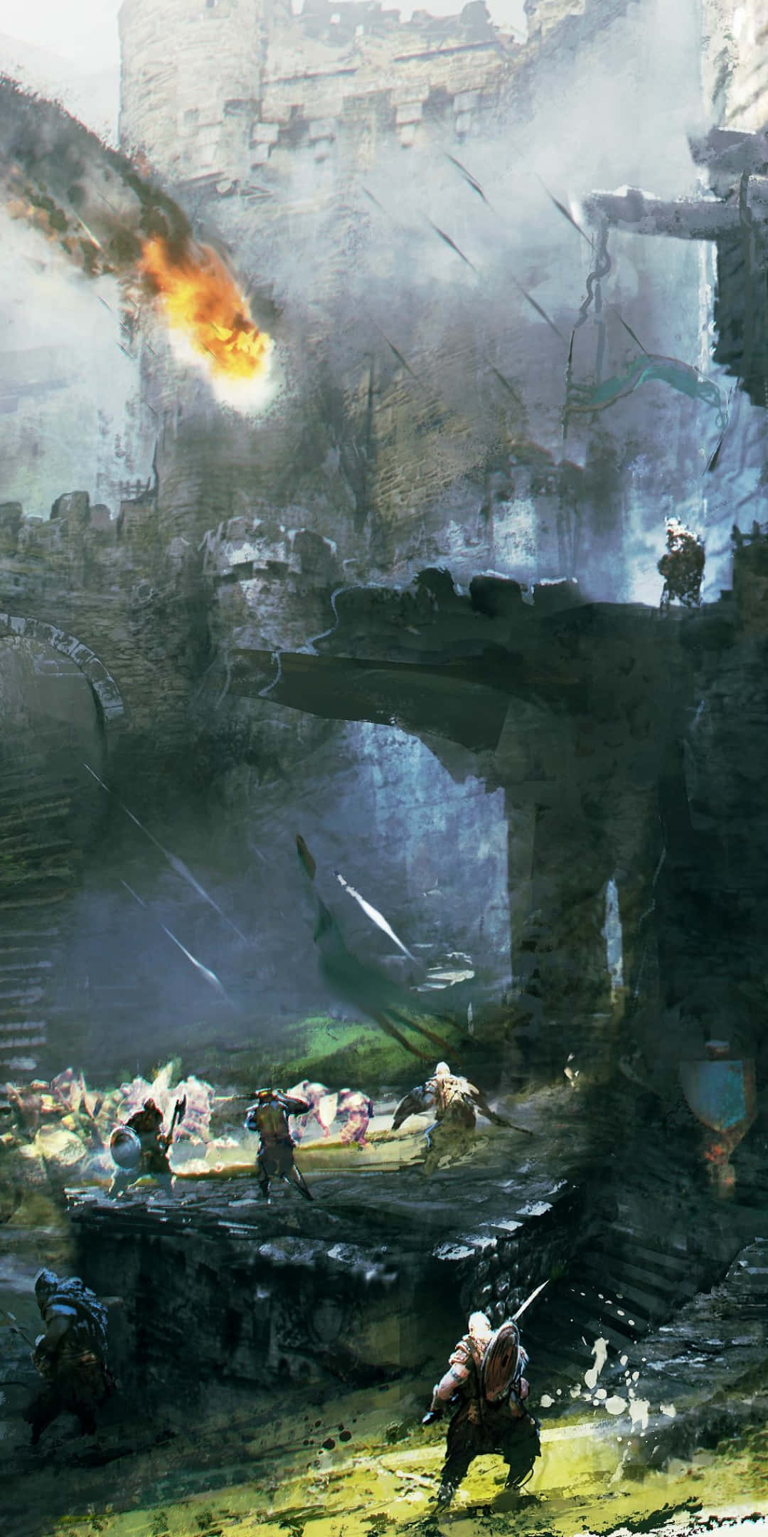 電玩遊戲 桌布 壁紙 — 一場戲劇性的奇幻戰鬥在 crumbling 石頭廢墟中展開，戰士們在煙霧和火焰中交戰。