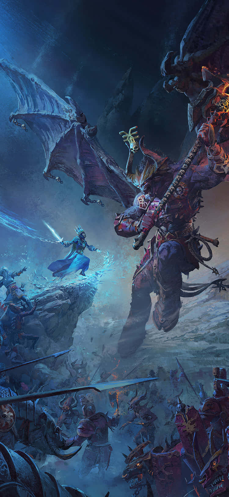 iPhone X Total War Warhammer Ii 桌布 壁紙 — 一場戲劇性的奇幻戰鬥展開，一位有翼戰士與發光的藍色法師在暴風雨戰場上激烈交鋒。