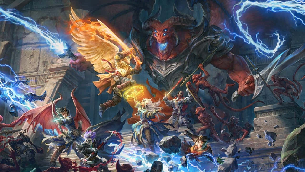 電玩遊戲 桌布 壁紙 — 一場戲劇性的奇幻戰鬥爆發，天使般的戰士與巨大的惡魔首領在破碎的石頭和噼啪作響的閃電中碰撞。
