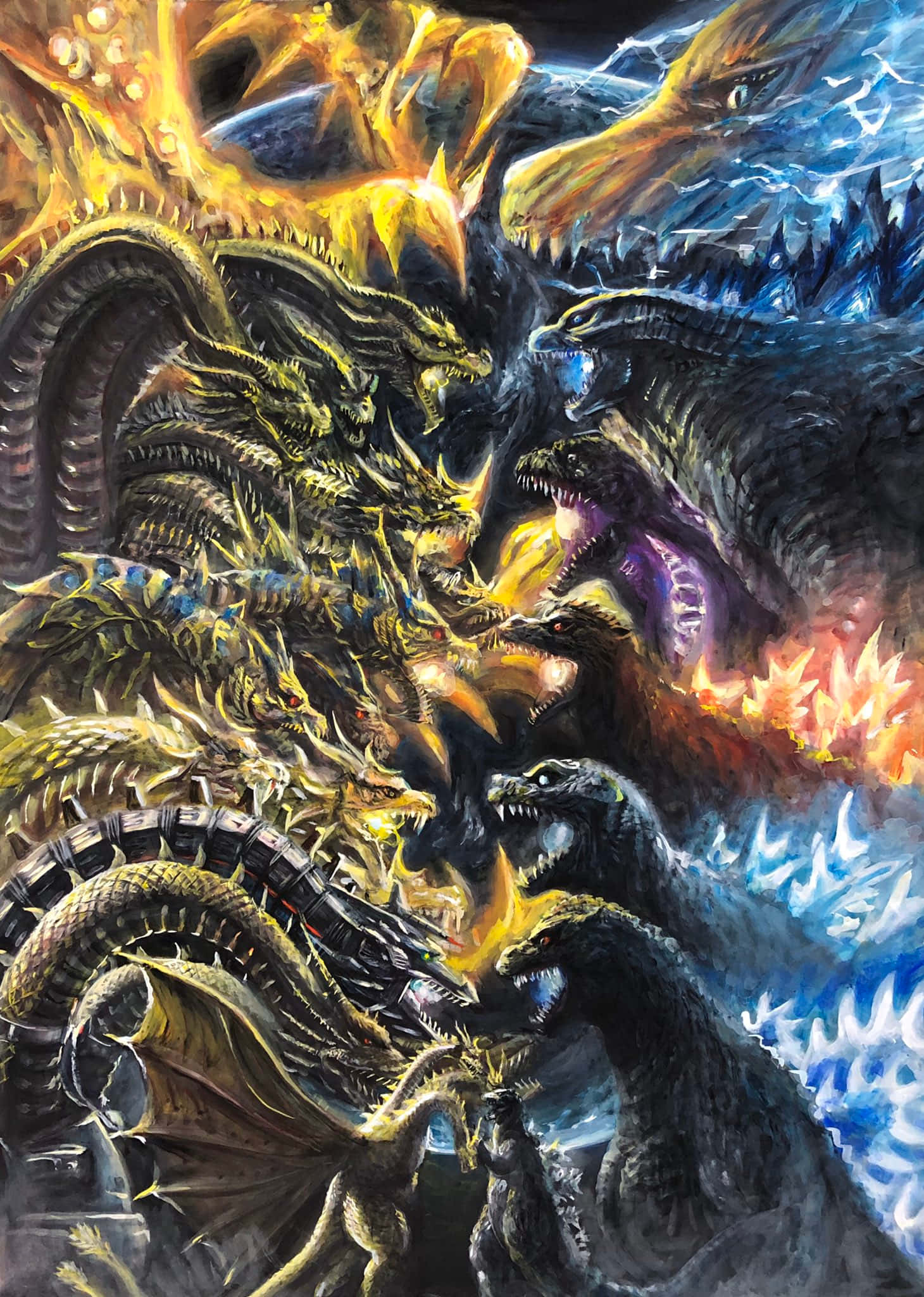 Godzilla Vs King Ghidorah 桌布 壁紙 — 一場戲劇性的戰鬥場景，多個擁有火焰和冰霜力量的巨型怪物在混亂的天空中碰撞。