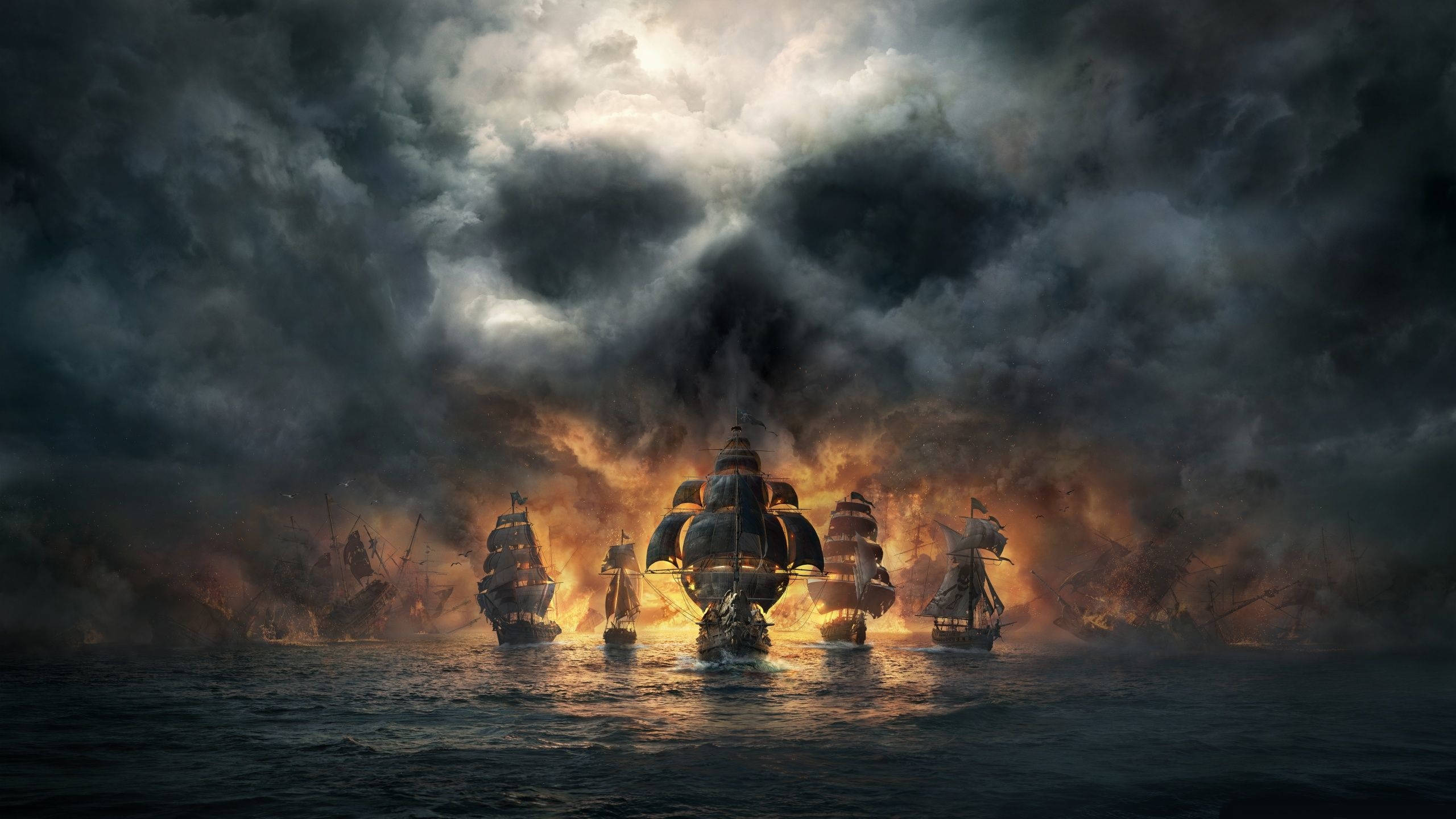 遊戲 桌布 壁紙 — 一場戲劇性的海戰展開，船隻在暴風雨的天空下碰撞，海洋上燃燒的爆炸照亮了整個場景。