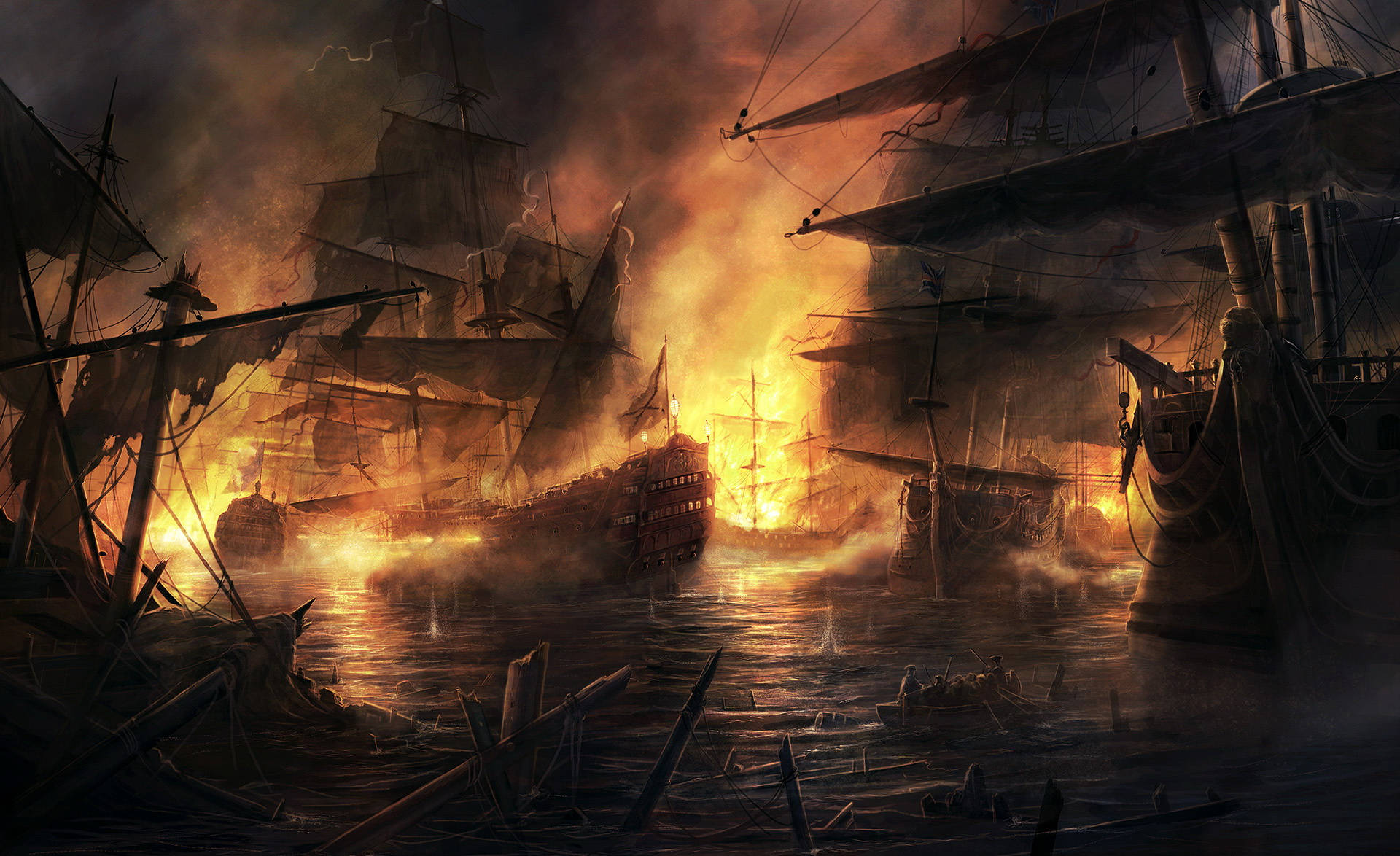 Total War 桌布 壁紙 — 一場戲劇性的海戰爆發，船隻在火紅的橙色天空下猛烈燃燒，煙霧在黑暗的水面上翻騰。