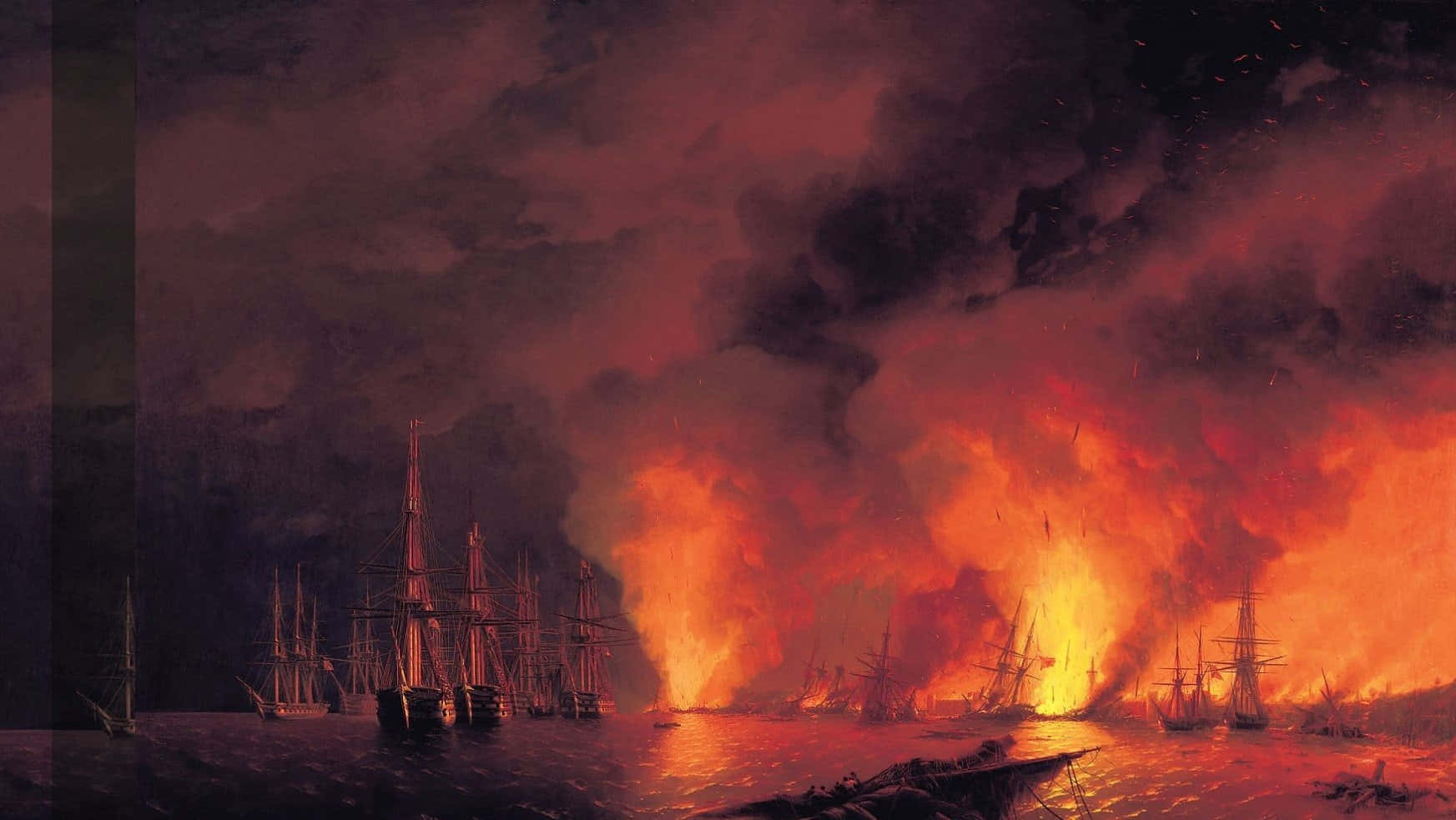 Romanticism 桌布 壁紙 — 一場戲劇性的海戰爆發，船隻在煙霧和火焰籠罩的天空下猛烈燃燒。