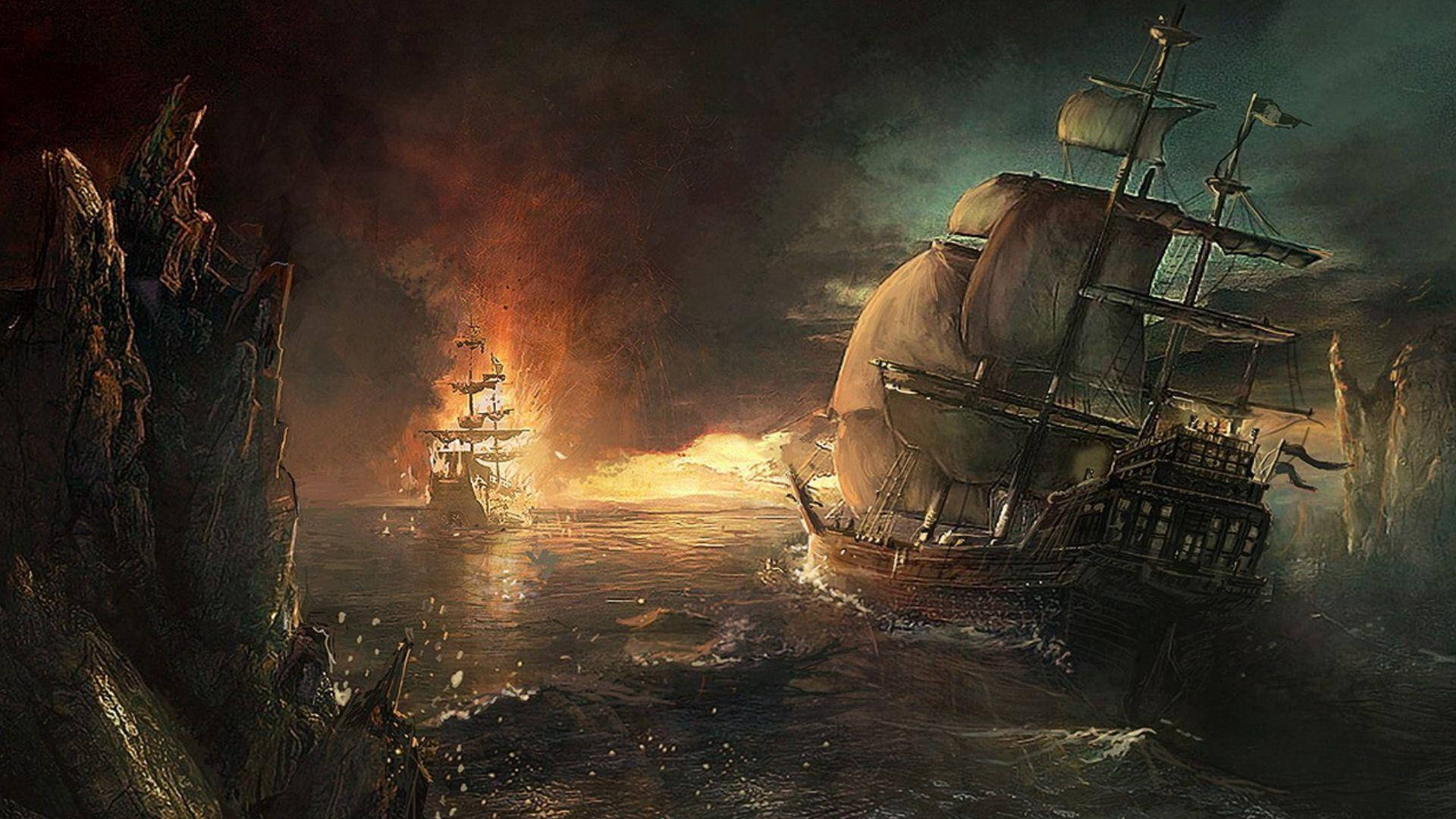 海盜船 桌布 壁紙 — 一場戲劇性的海盜船戰役在日落時分展開，火焰爆炸和洶湧波濤在崎嶇的懸崖之間上演。