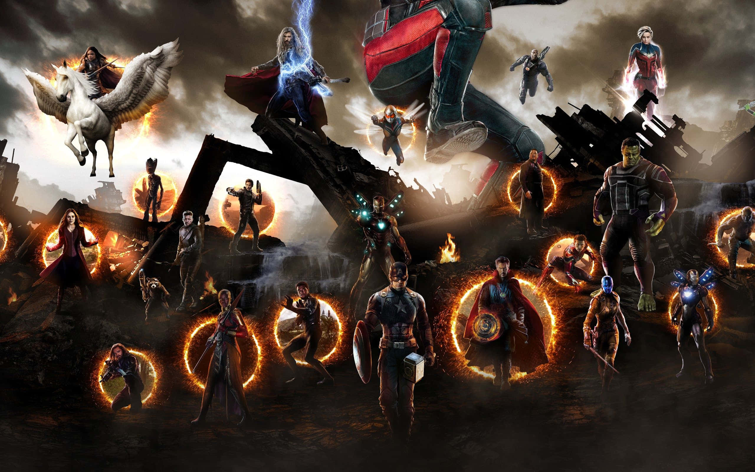 Avengers Dual Screen 桌布 壁紙 — 一場戲劇性的集結，Marvel 超級英雄與反派置身於烈焰毀滅與發光能量環之中。