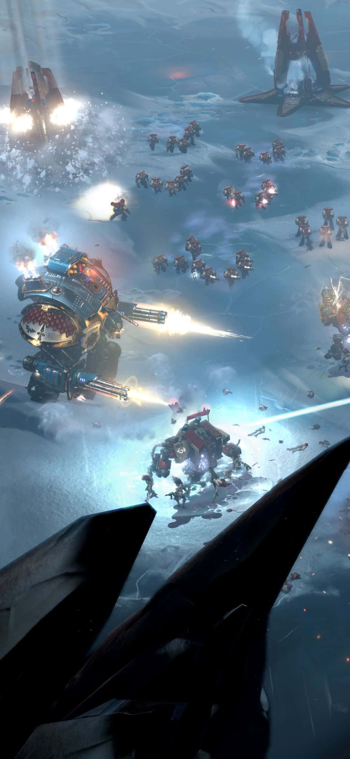 Battlefield 桌布 壁紙 — 一場未來主義的戰鬥在冰封的荒原上激烈進行，巨大的戰爭機器和步兵發射明亮的能量武器。