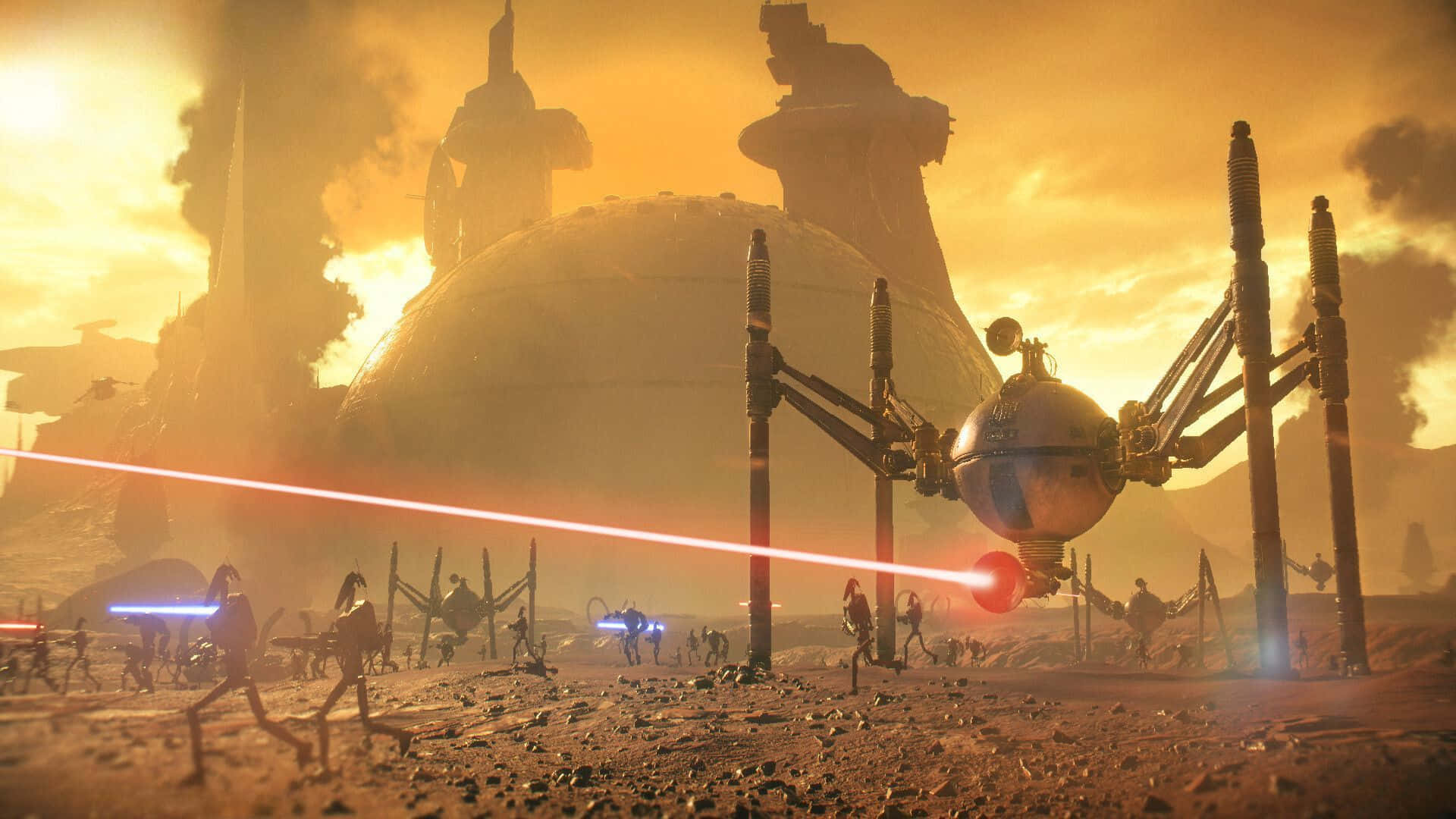 Geonosis 桌布 壁紙 — 一場未來戰鬥在沙漠星球上展開，星際戰機在金色夕陽下向剪影戰士發射紅色雷射。