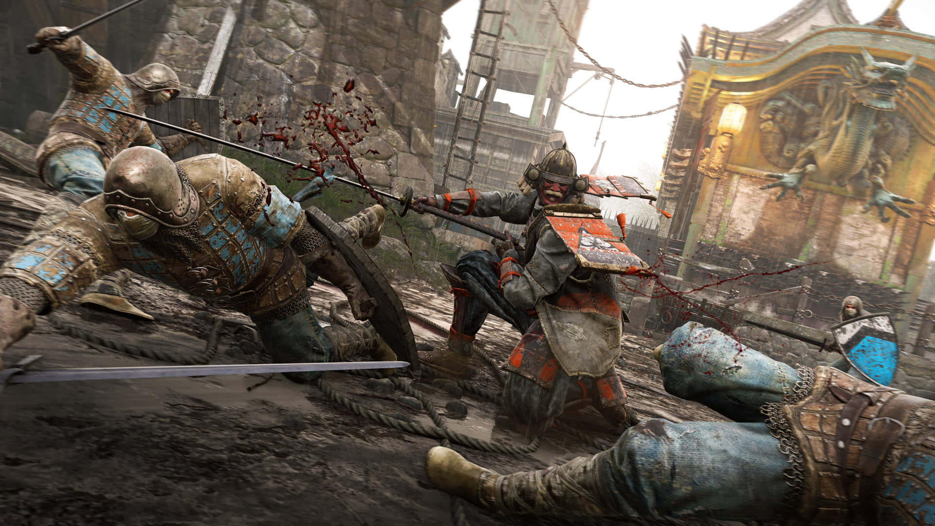 Female Samurai For Honor 桌布 壁紙 — 一場殘酷的中世紀劍鬥在石頭堡壘中爆發，鮮血四濺，裝甲戰士在斷裂的鎖鏈和華麗的廢墟中碰撞。